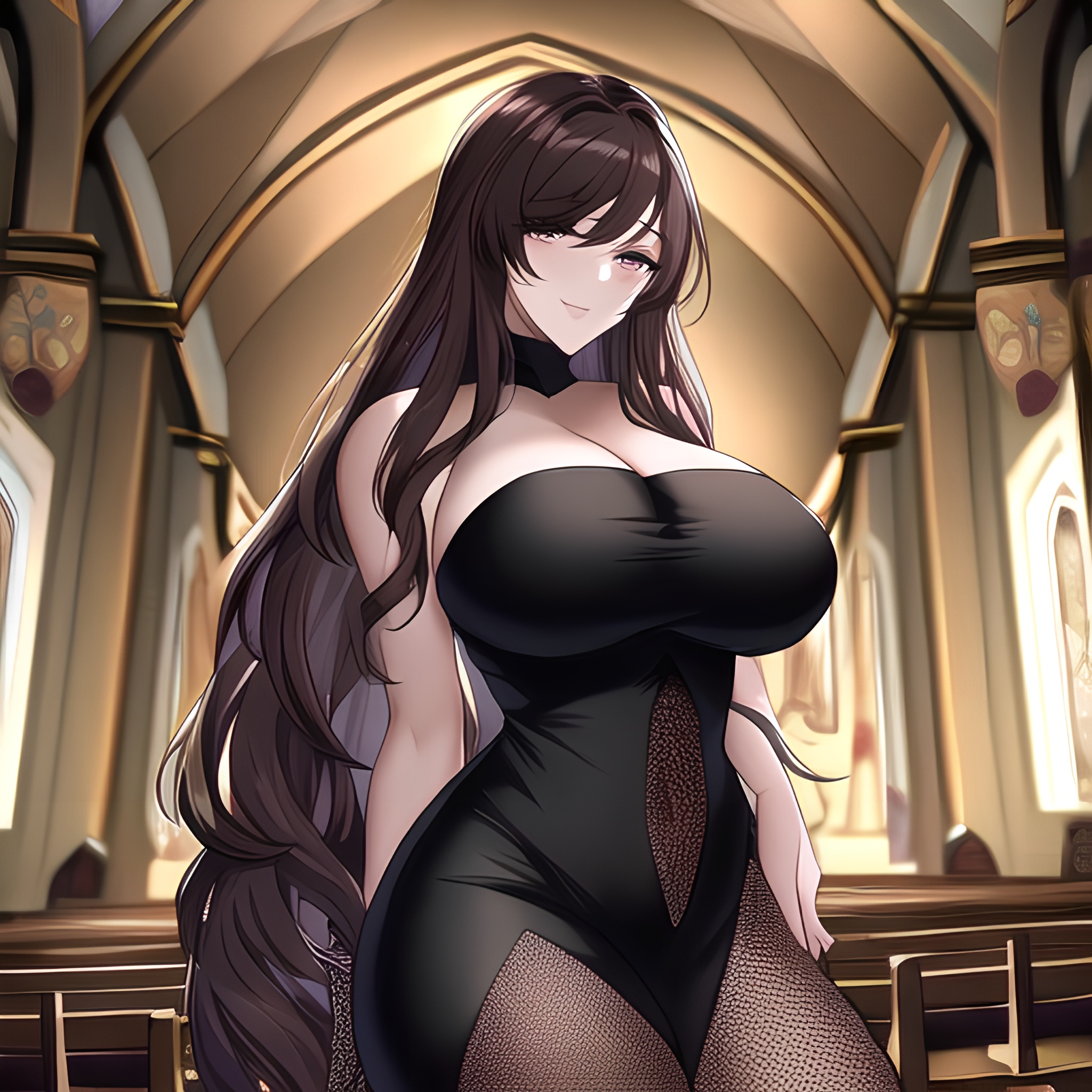 fishnet woman messy hair church long hair brunette 