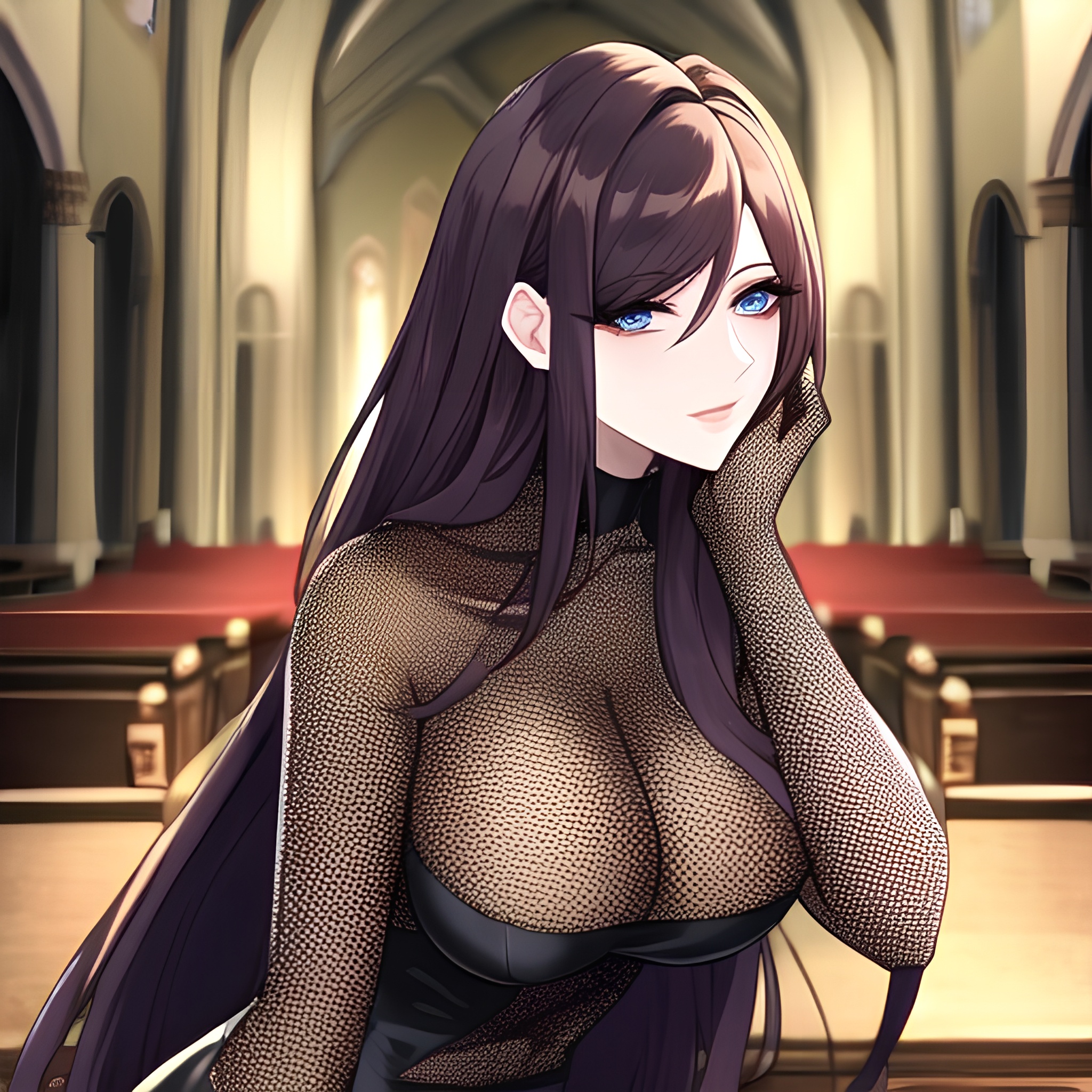 fishnet woman messy hair church long hair brunette 