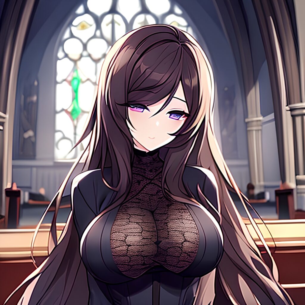 fishnet woman messy hair church long hair brunette 