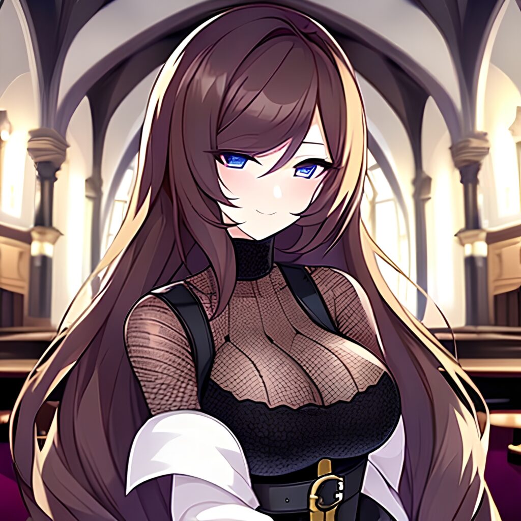 fishnet woman messy hair long hair brunette church 