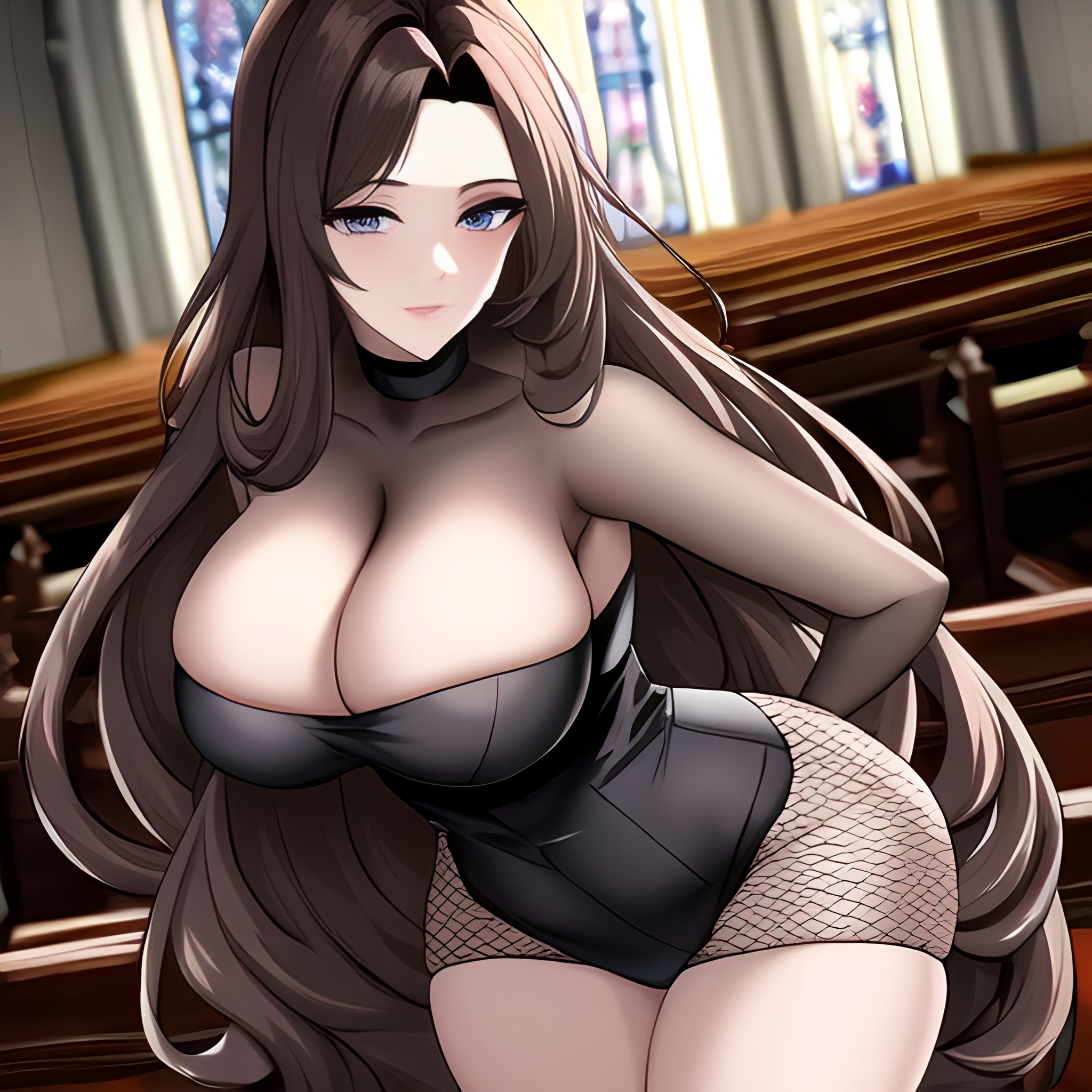 fishnet woman messy hair long hair brunette church 