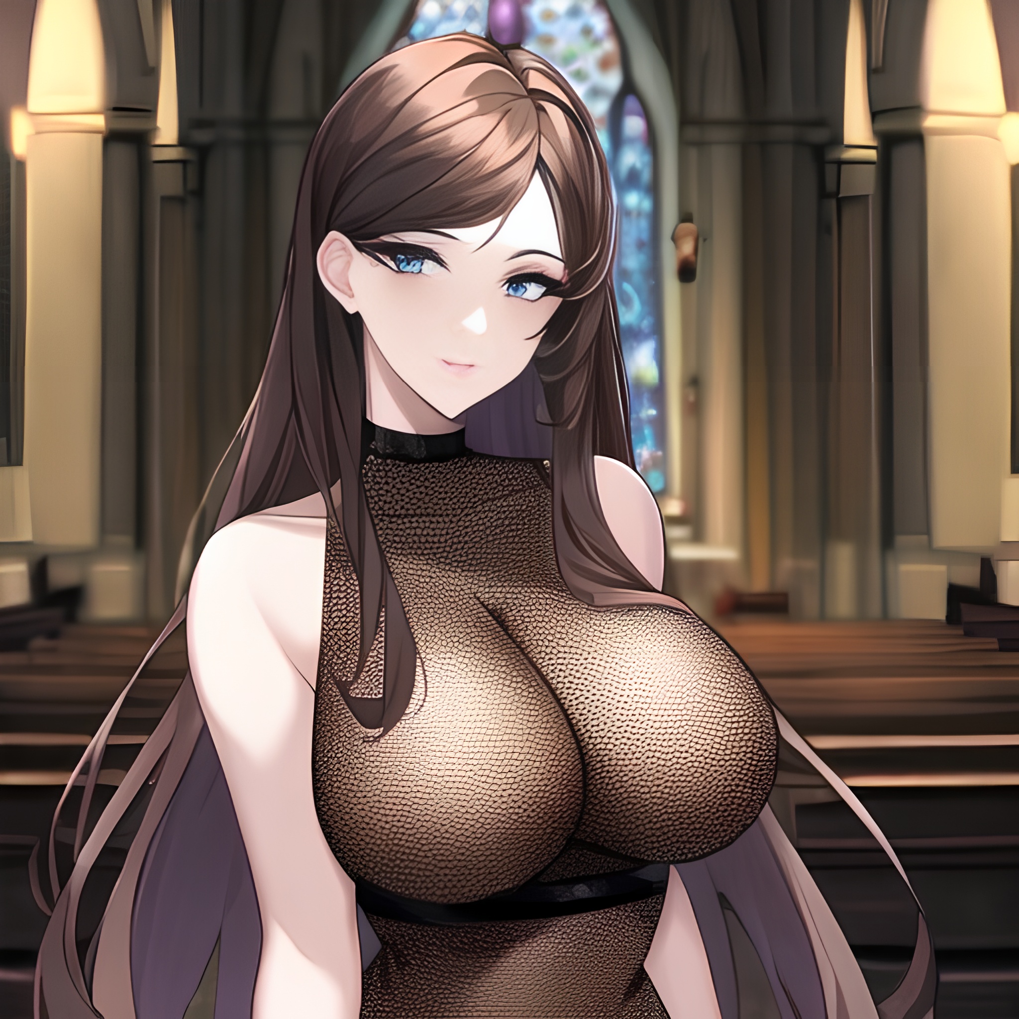 fishnet woman messy hair long hair brunette church 