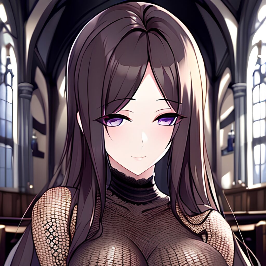 fishnet woman messy hair long hair brunette church 