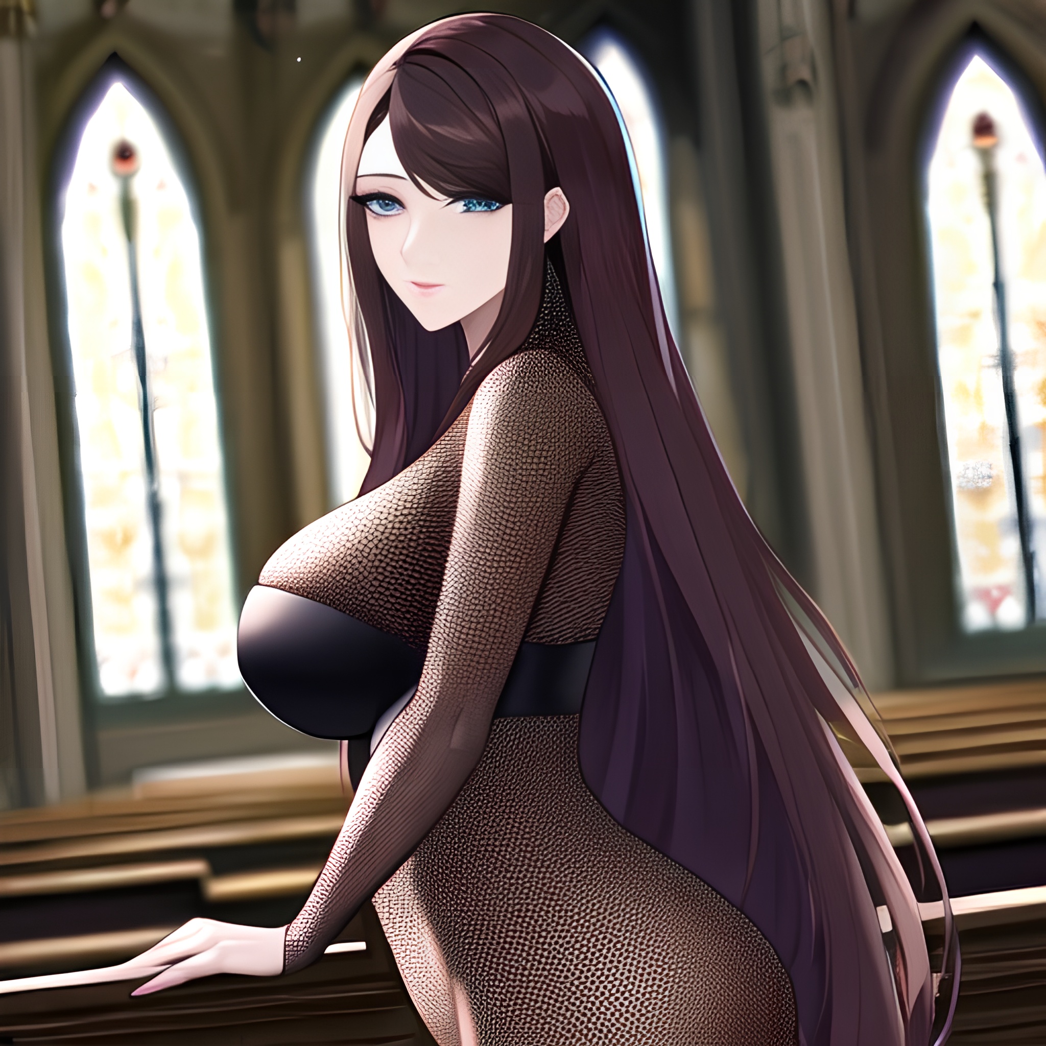 fishnet woman messy hair long hair church brunette