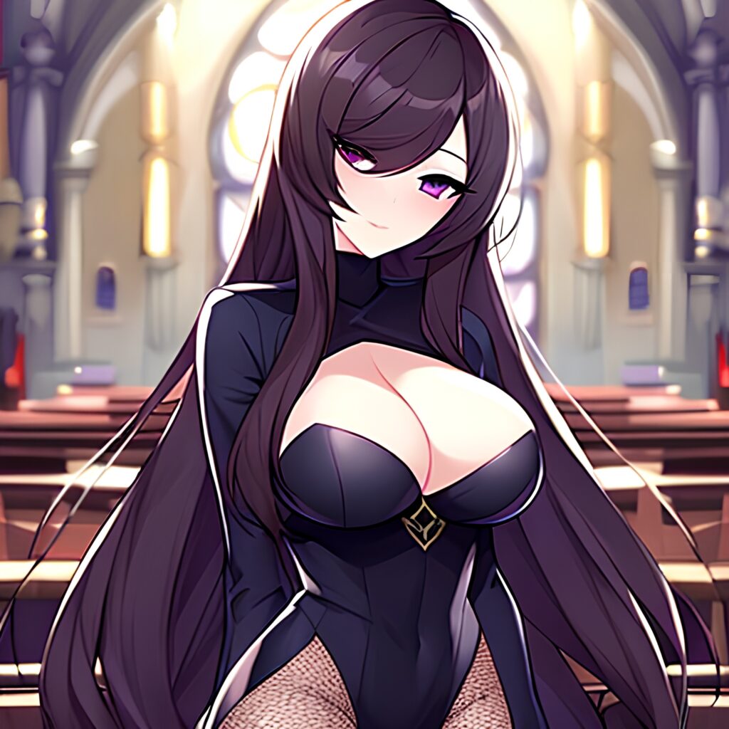 fishnet woman messy hair long hair church brunette 