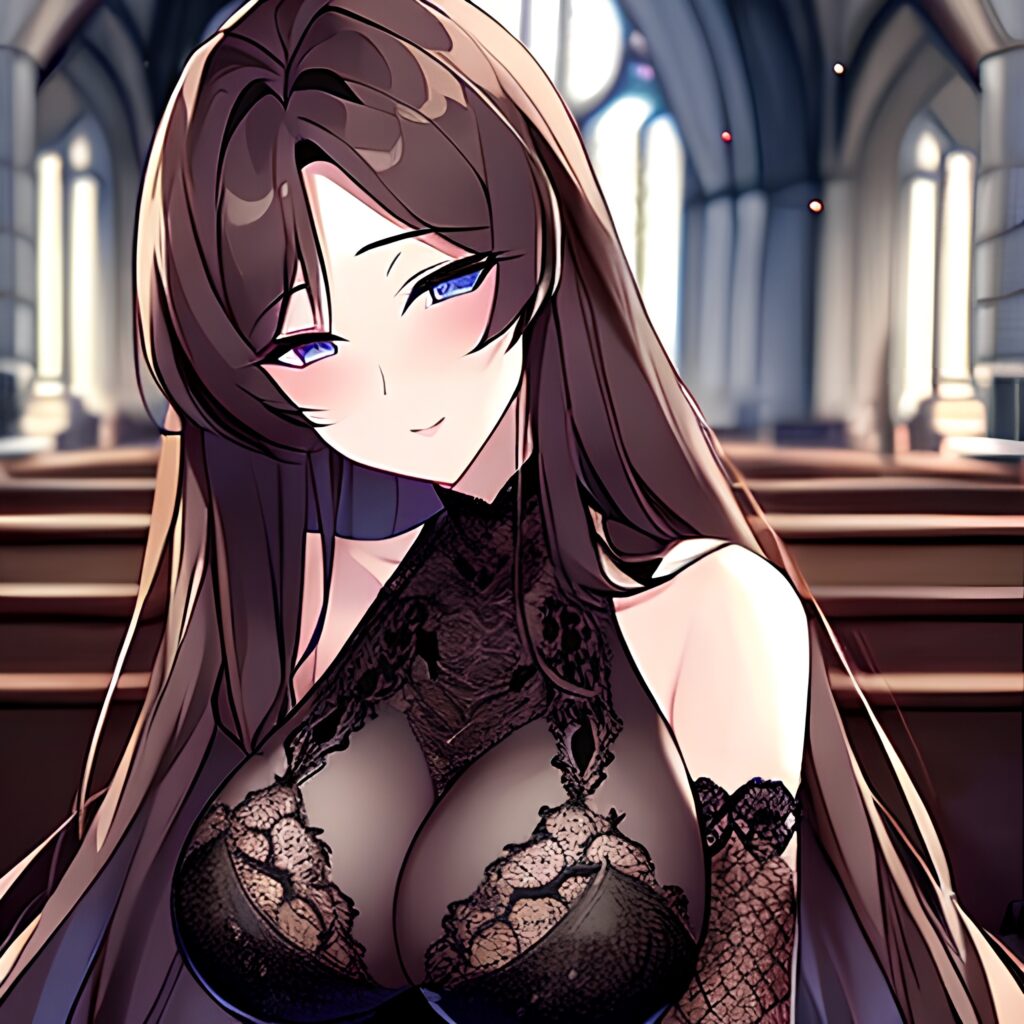 fishnet woman messy hair long hair church brunette 