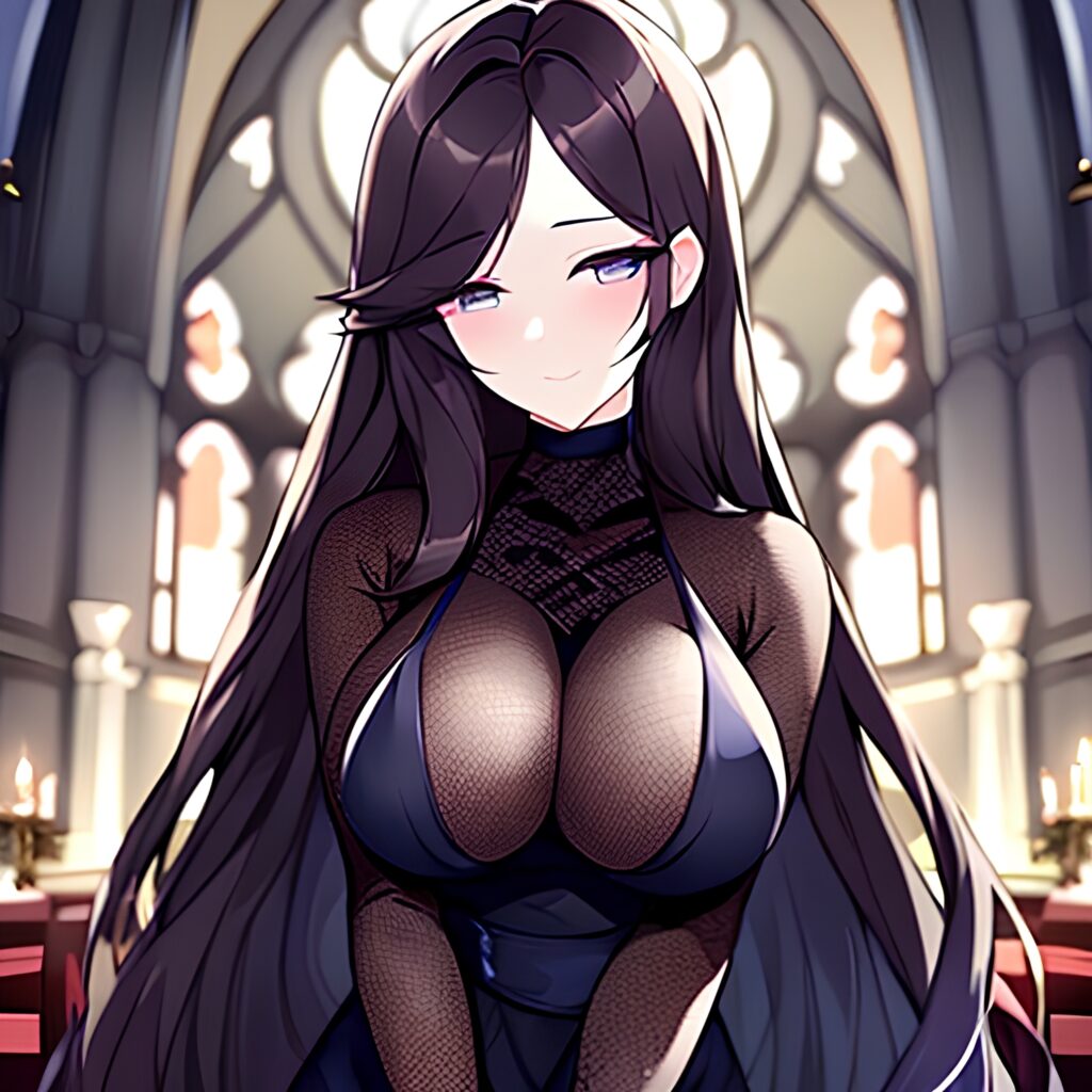 fishnet woman messy hair long hair church brunette