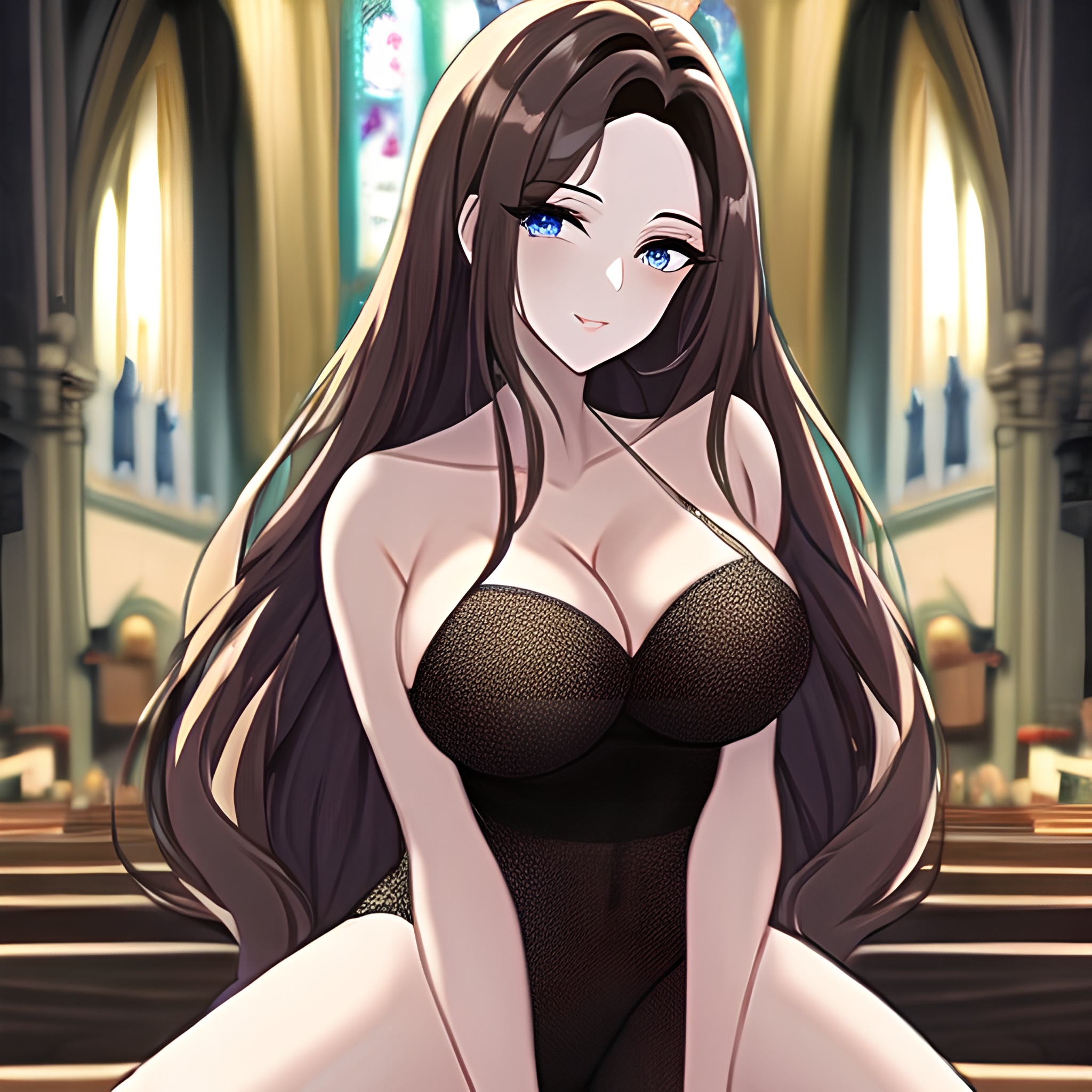 fishnet woman messy hair long hair church brunette 