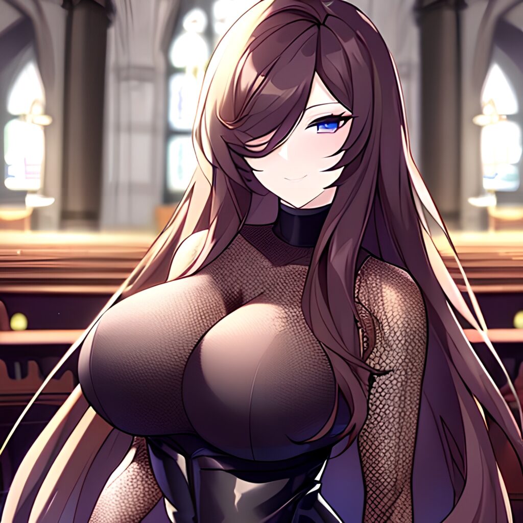 fishnet woman messy hair long hair church brunette 