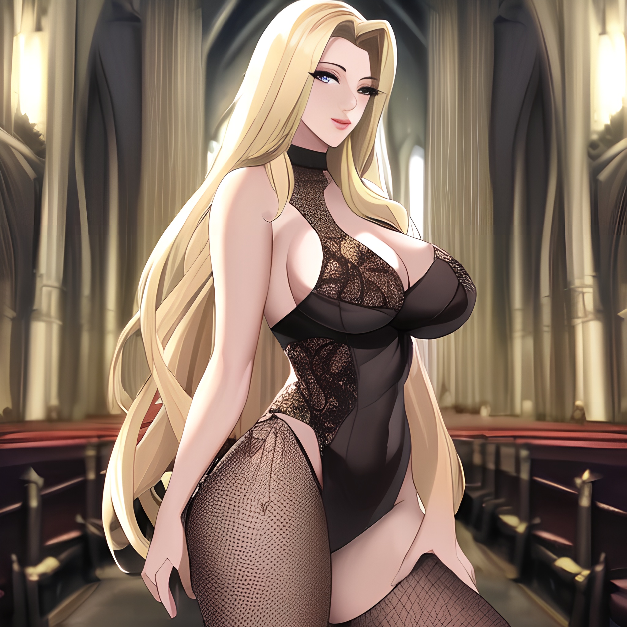 fishnet woman nude blonde long hair church front view small boobs 