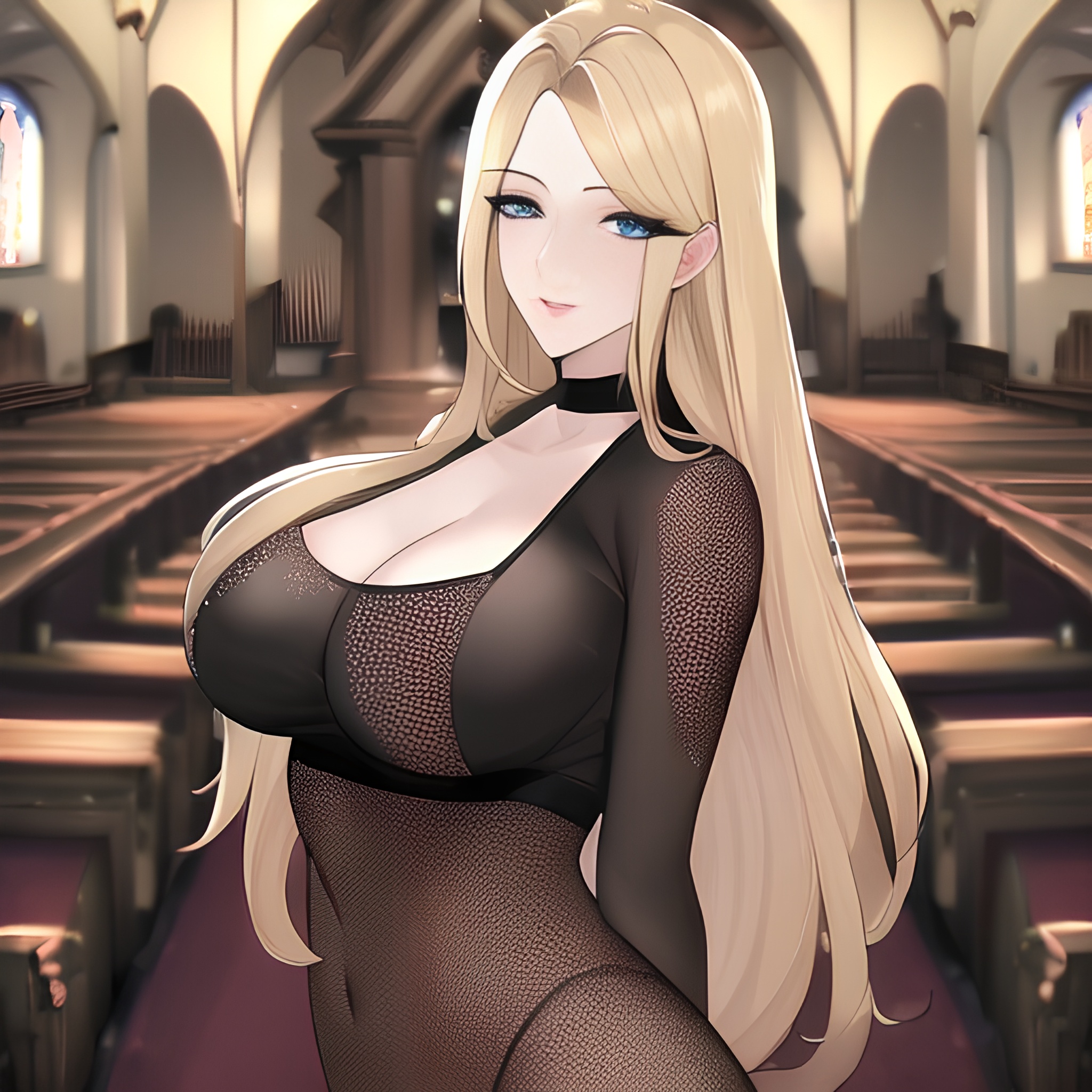 fishnet woman small boobs long hair blonde nude church front view 