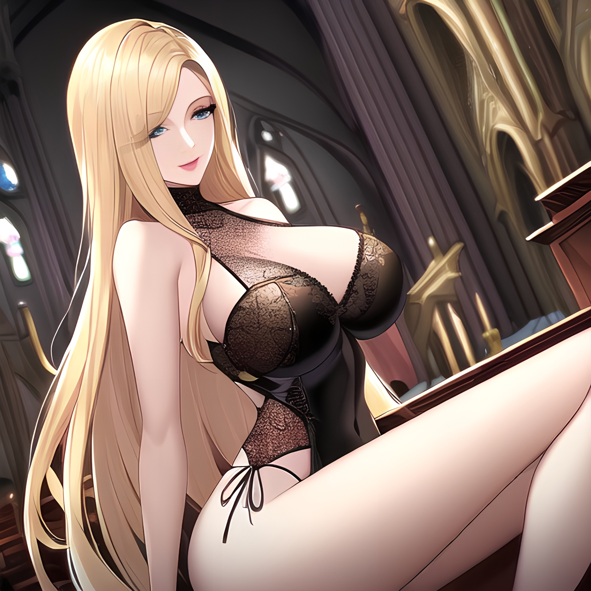 fishnet woman small boobs long hair nude church blonde front view 