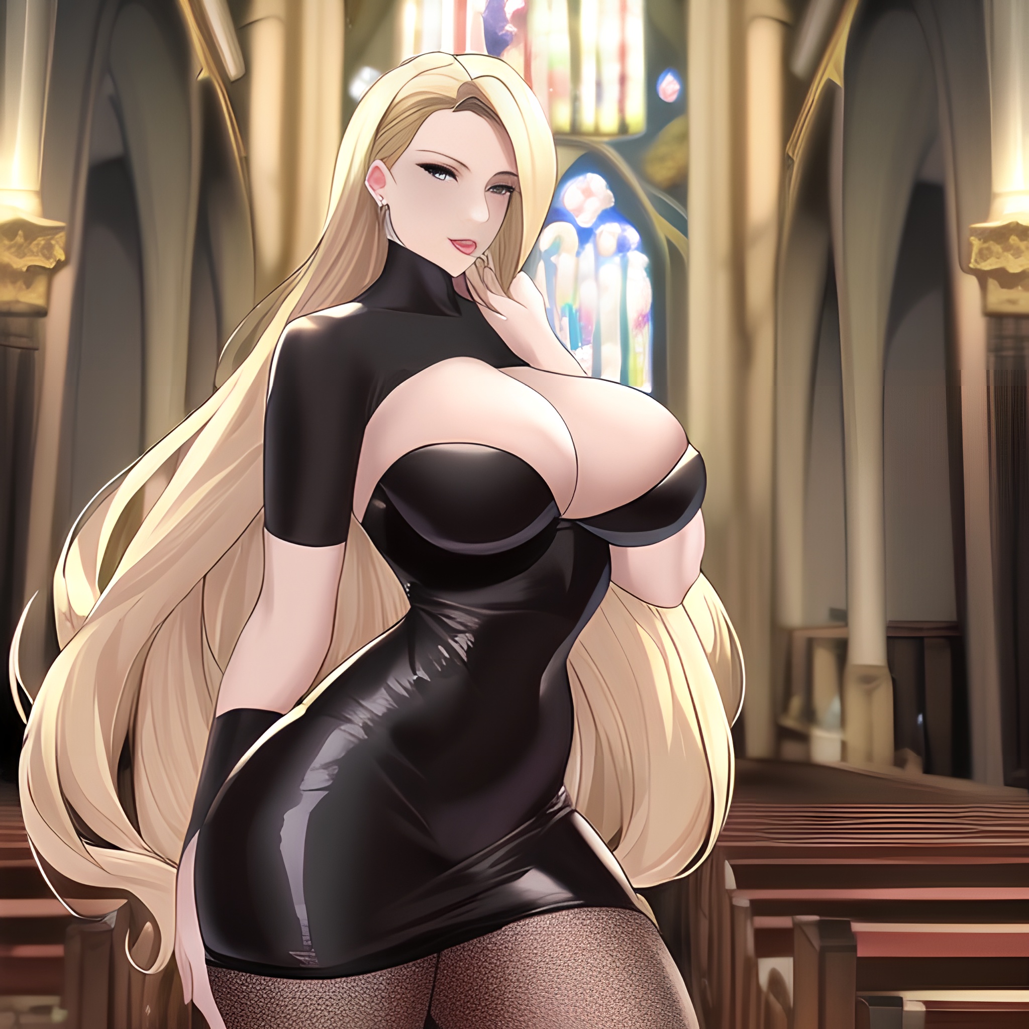 fishnet woman small boobs long hair nude front view church blonde 