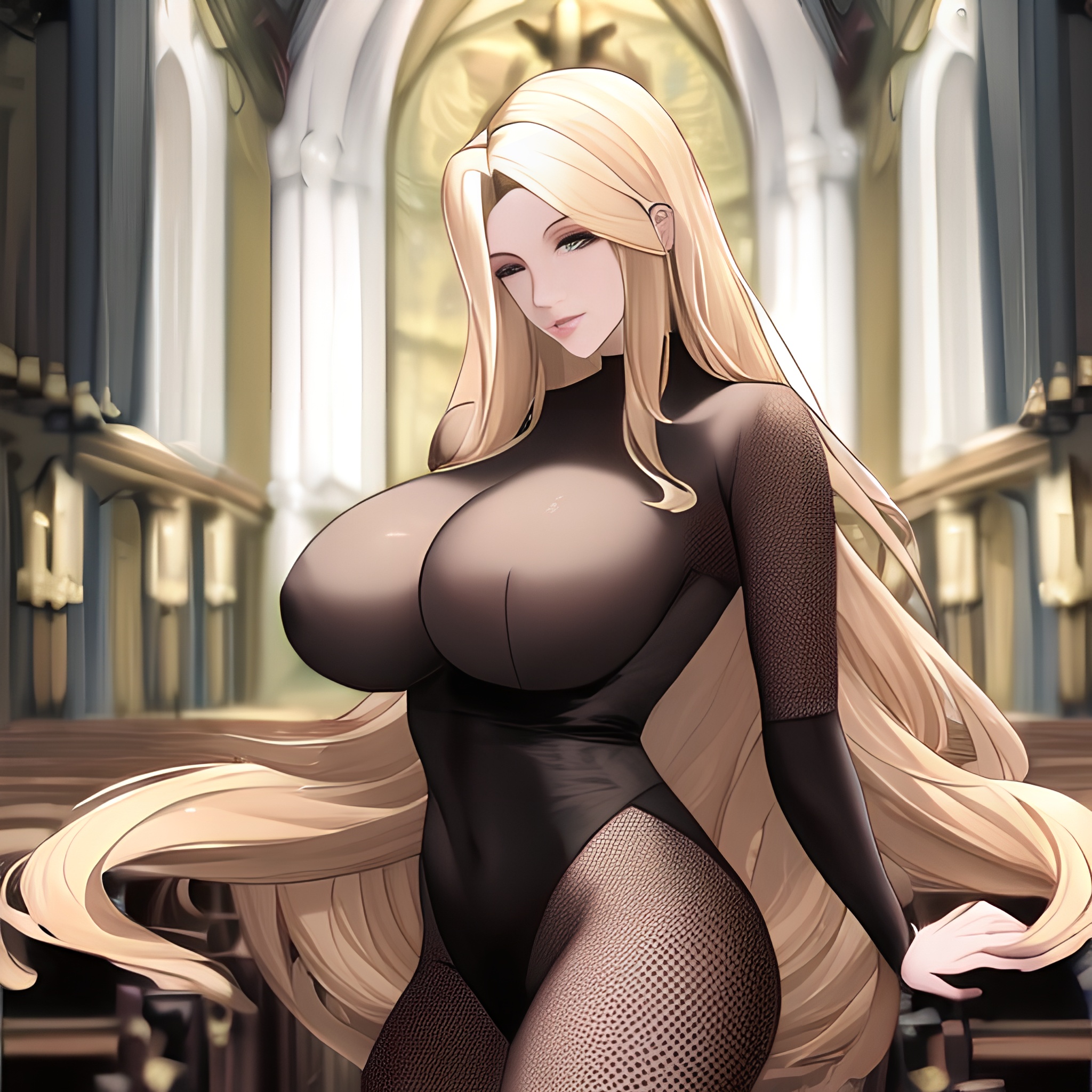 fishnet woman small boobs nude front view long hair blonde church