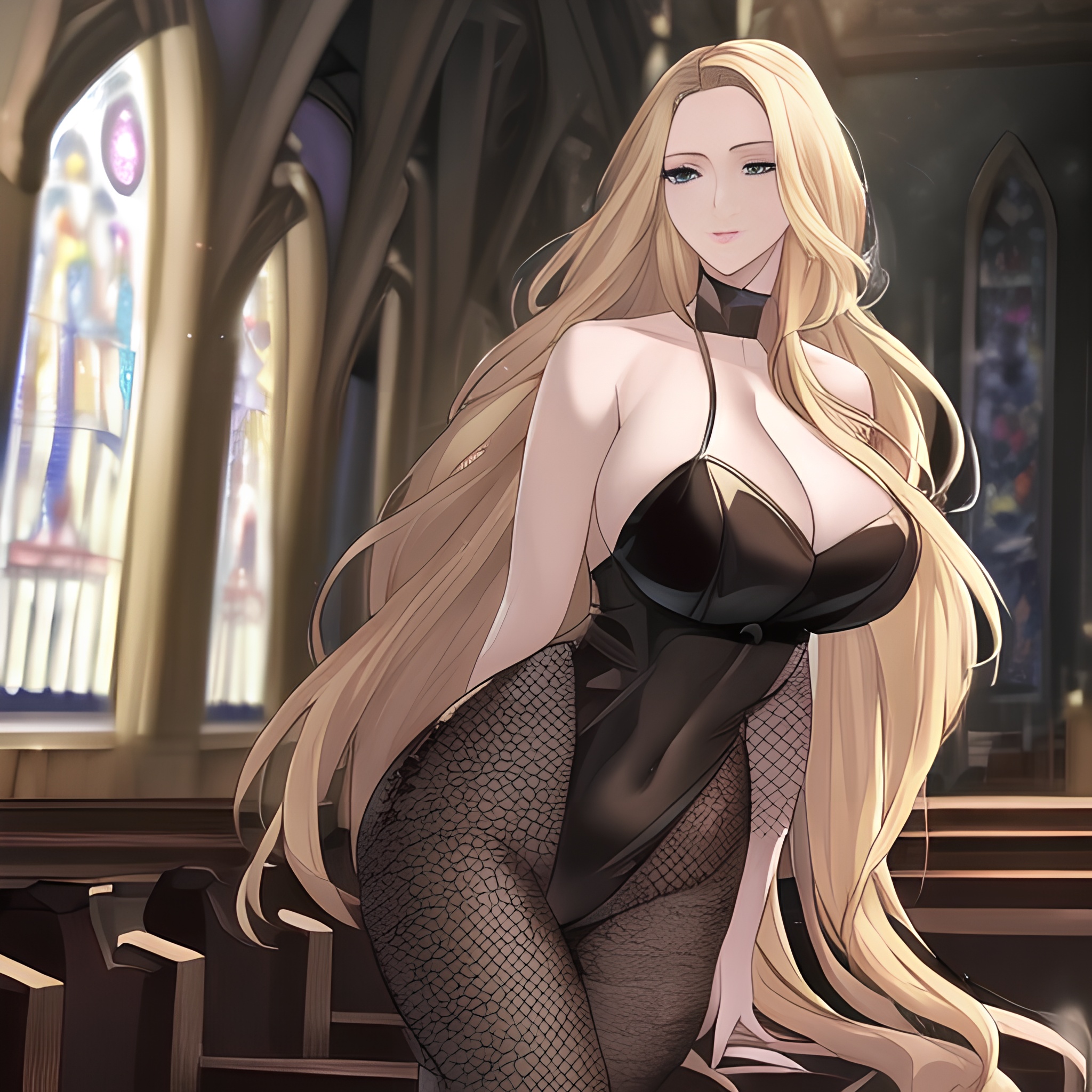 front view blonde church fishnet nude long hair woman small boobs 