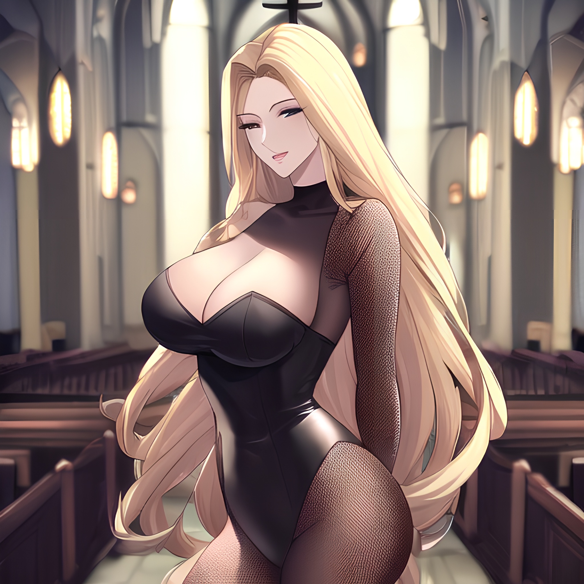 front view blonde fishnet small boobs long hair nude church woman 