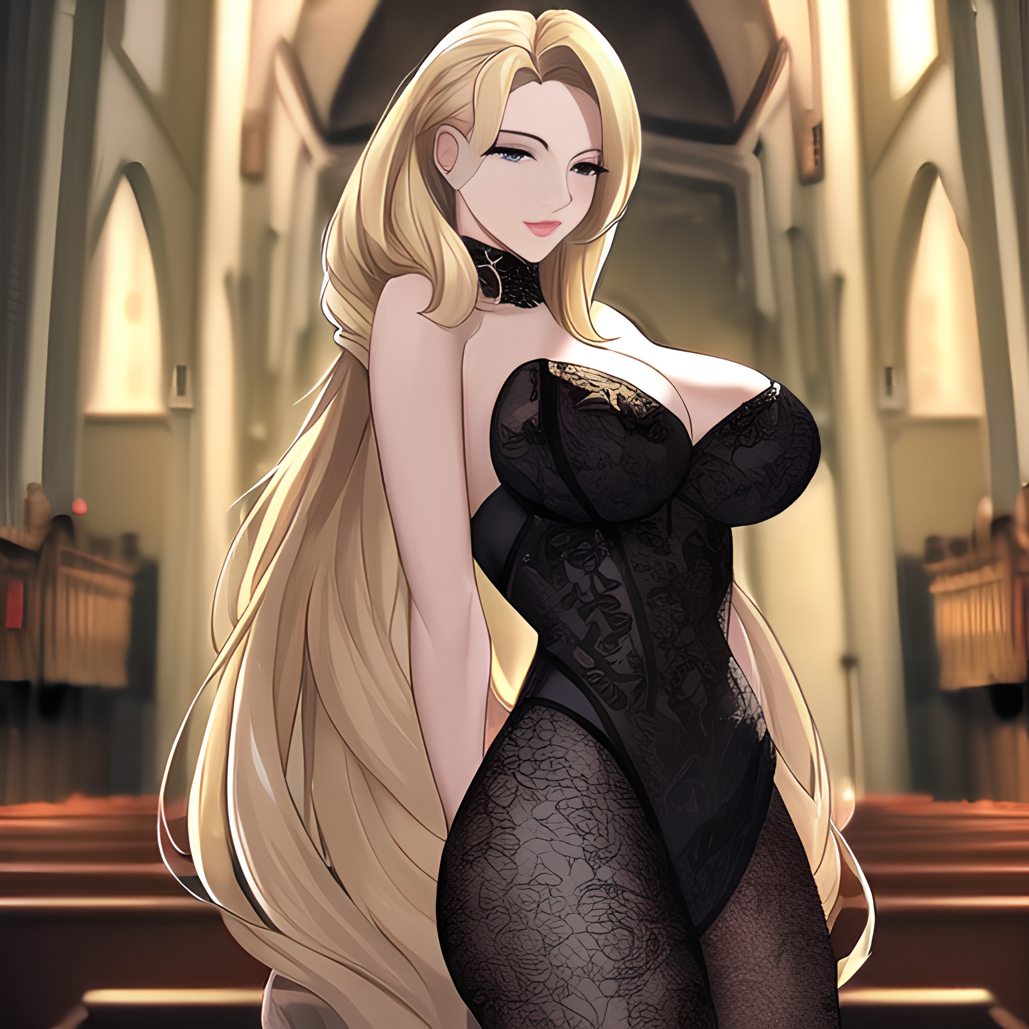front view blonde long hair small boobs church woman fishnet nude 