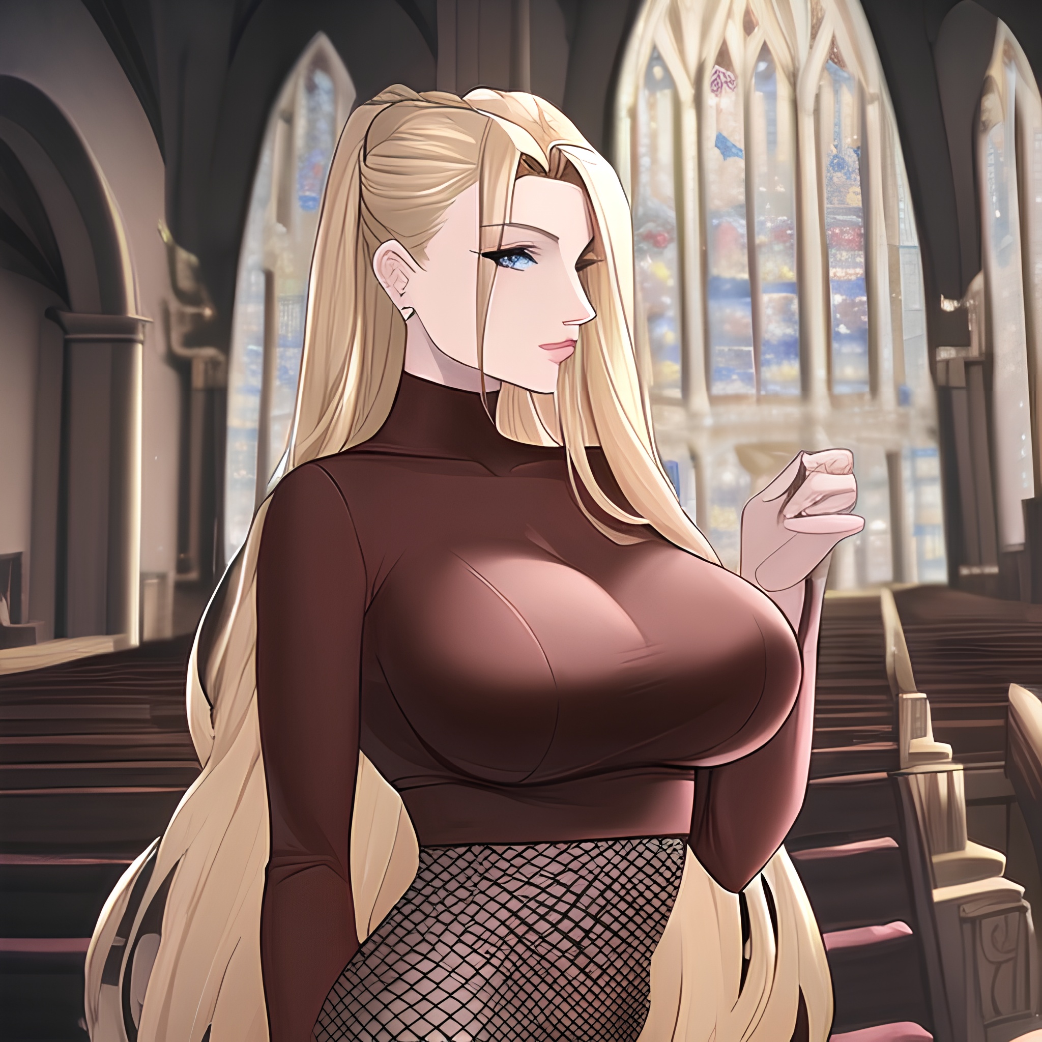 front view blonde long hair woman nude church fishnet small boobs
