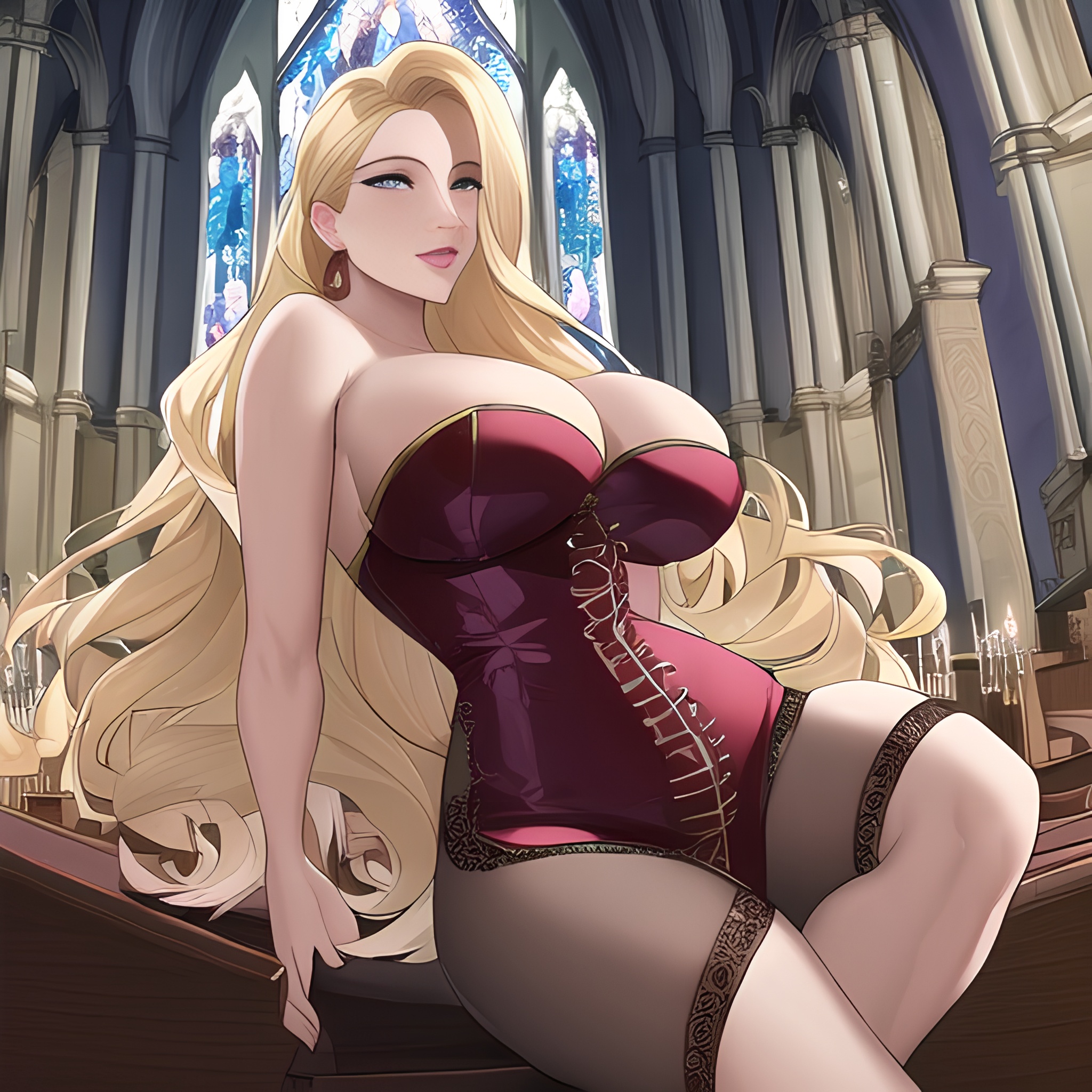 front view blonde long hair woman nude fishnet small boobs church 