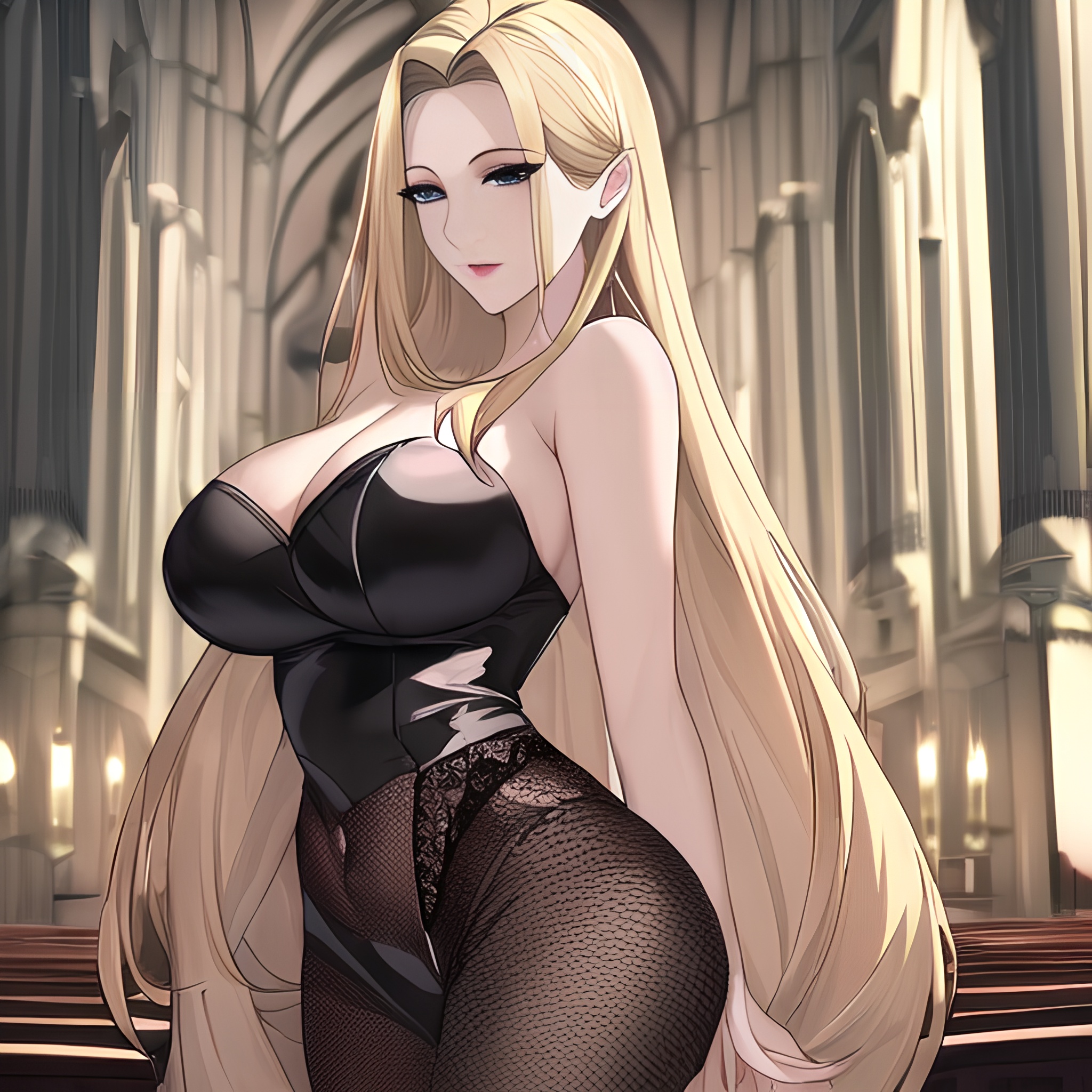 front view blonde nude woman church small boobs fishnet long hair 