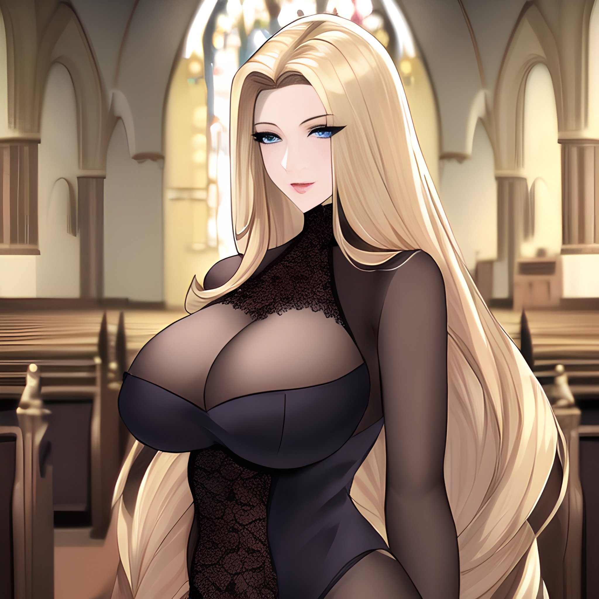 front view blonde small boobs church woman fishnet long hair nude 