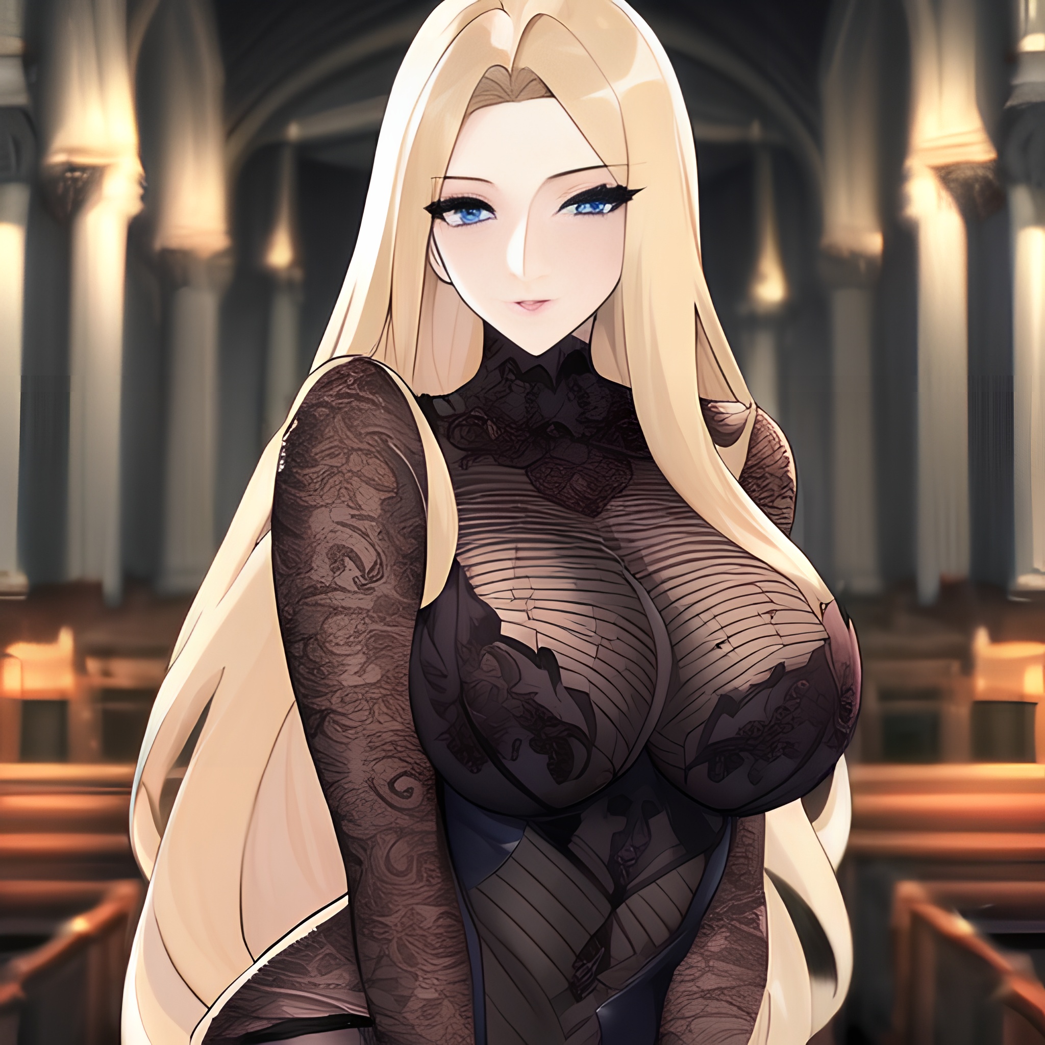 front view blonde small boobs woman long hair church nude fishnet 