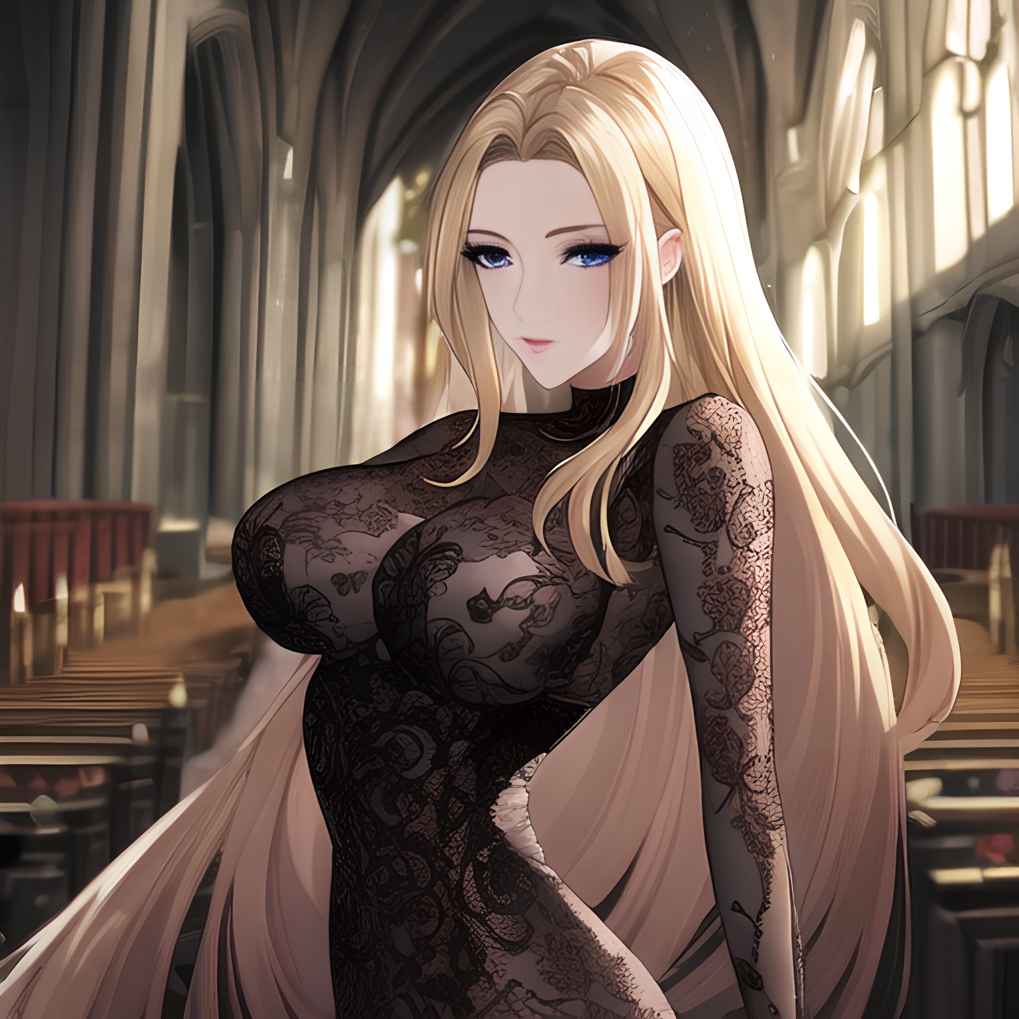 front view blonde woman church nude small boobs long hair fishnet 