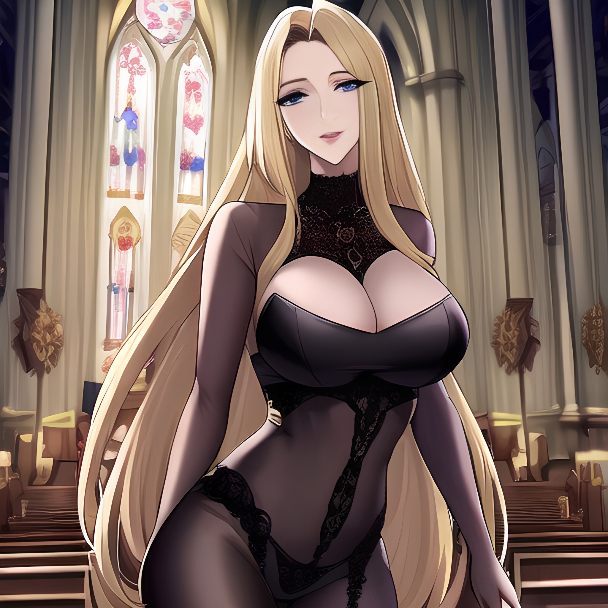 front view blonde woman fishnet long hair church nude small boobs 