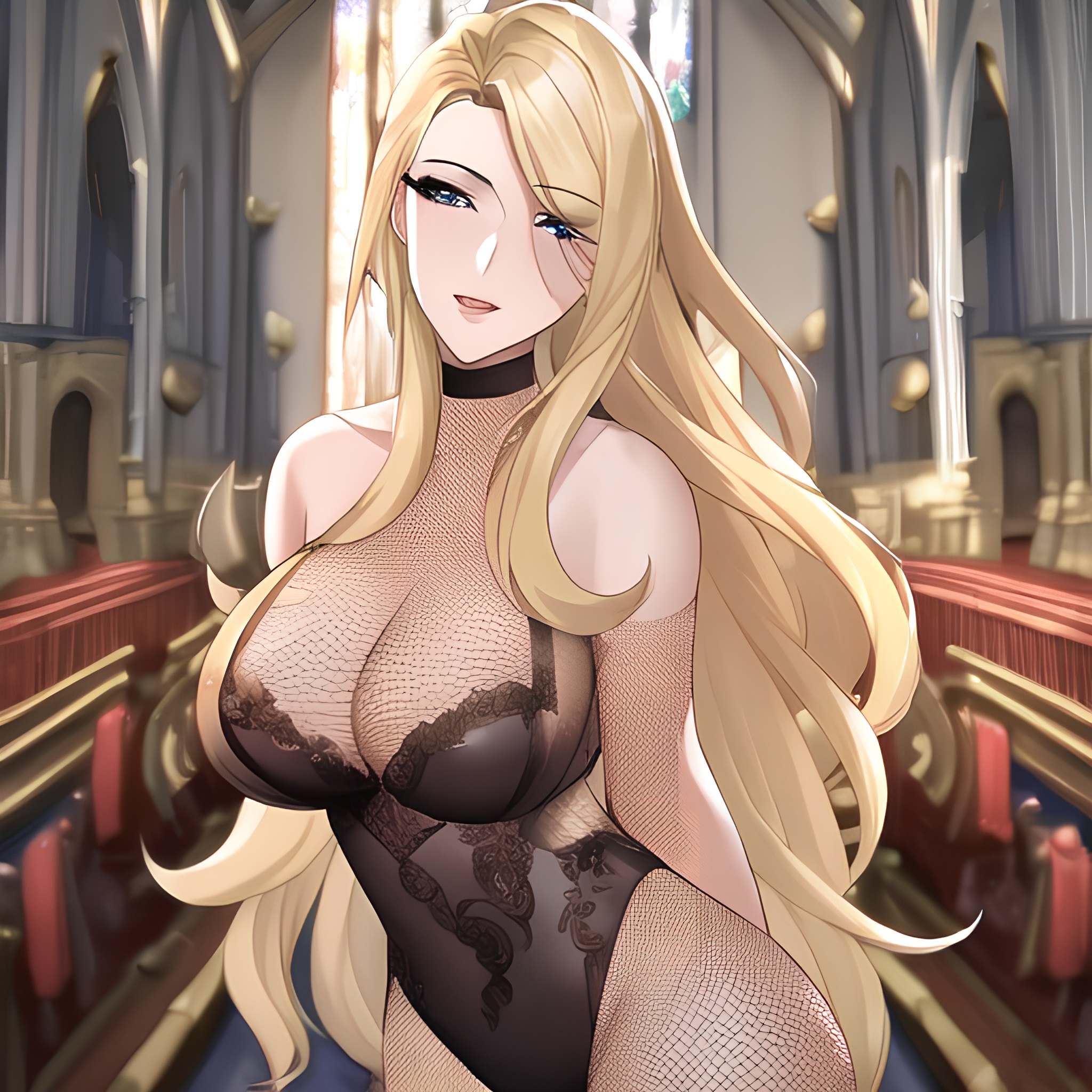 front view blonde woman long hair church nude small boobs fishnet 