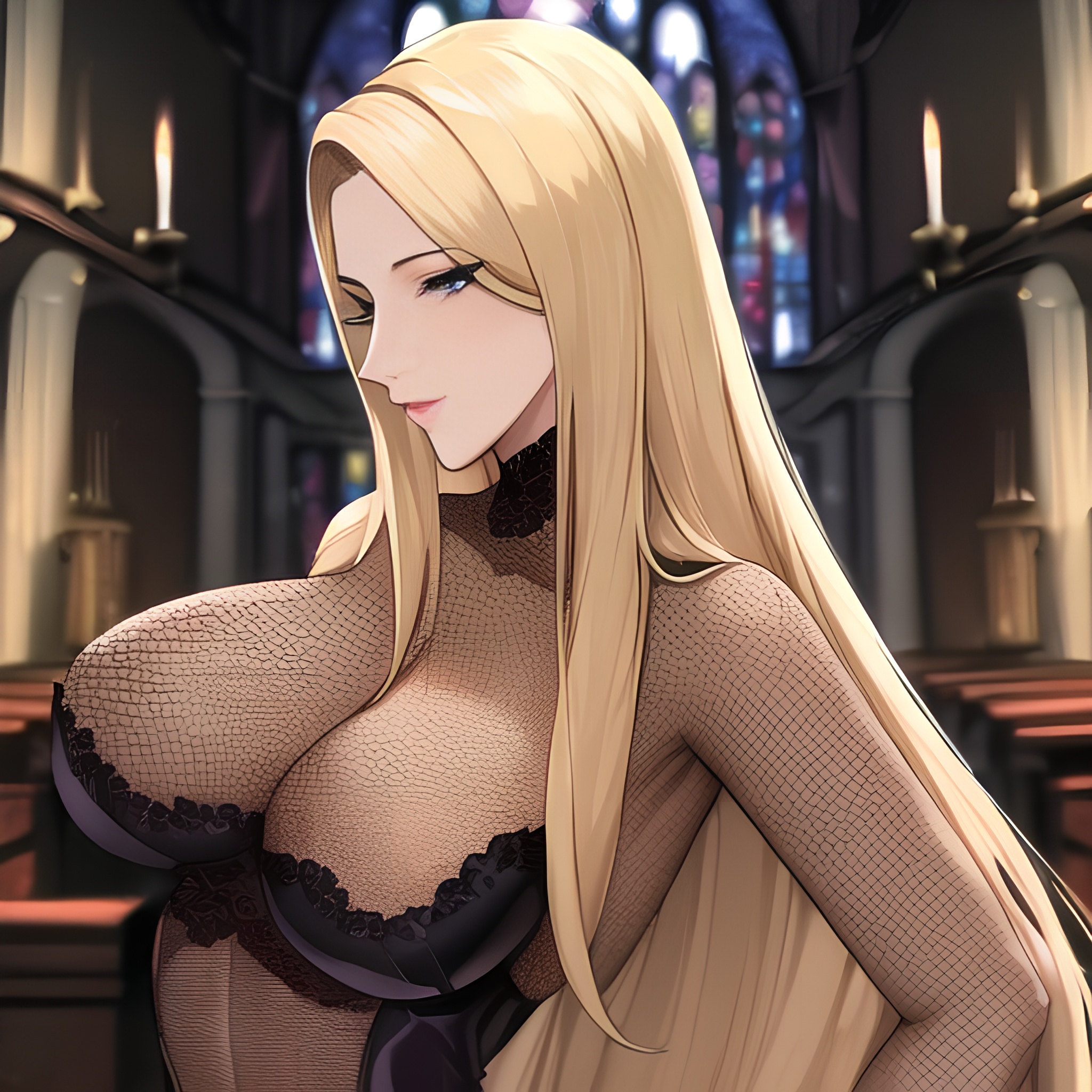 front view church blonde small boobs fishnet woman nude long hair 