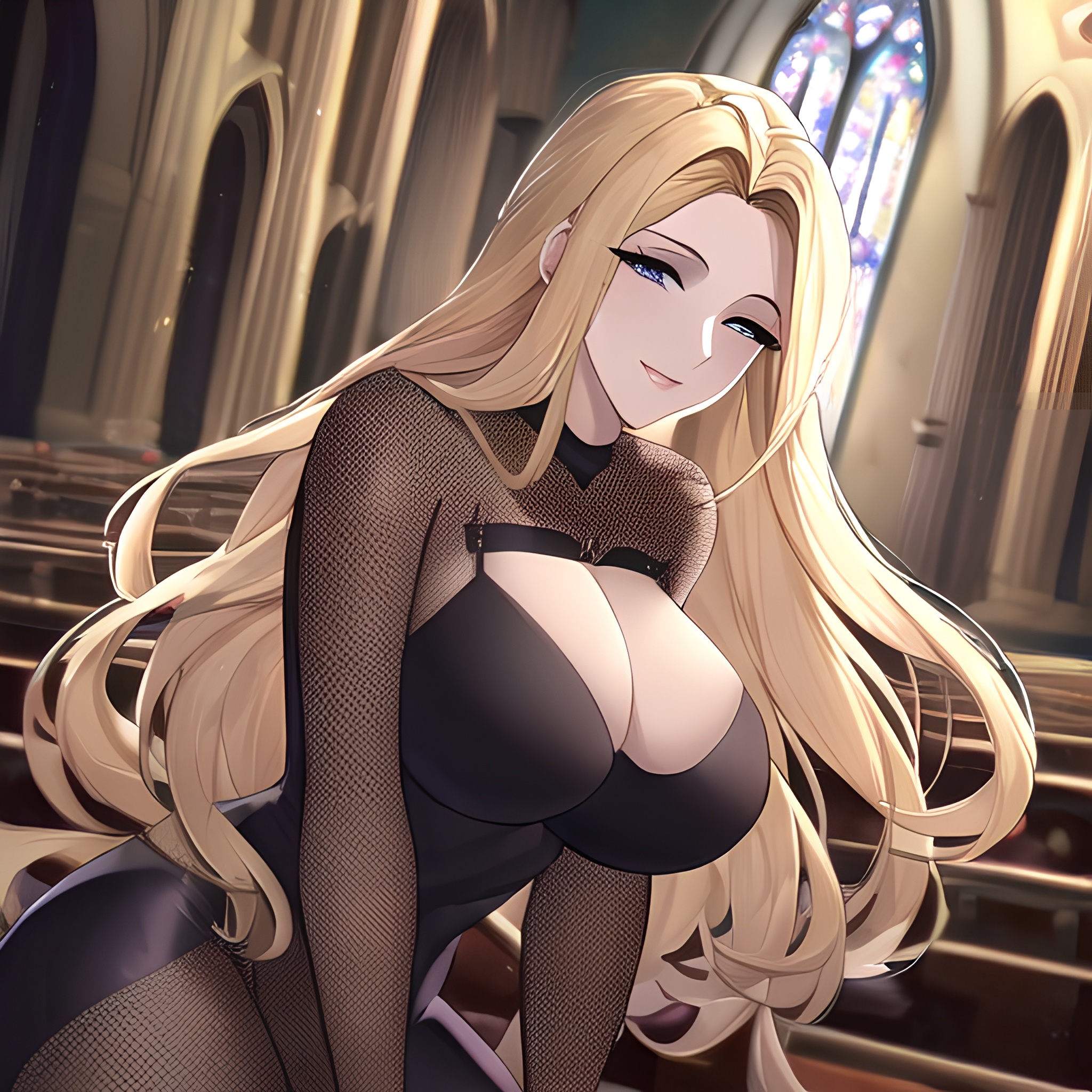 front view church blonde small boobs long hair fishnet woman nude 