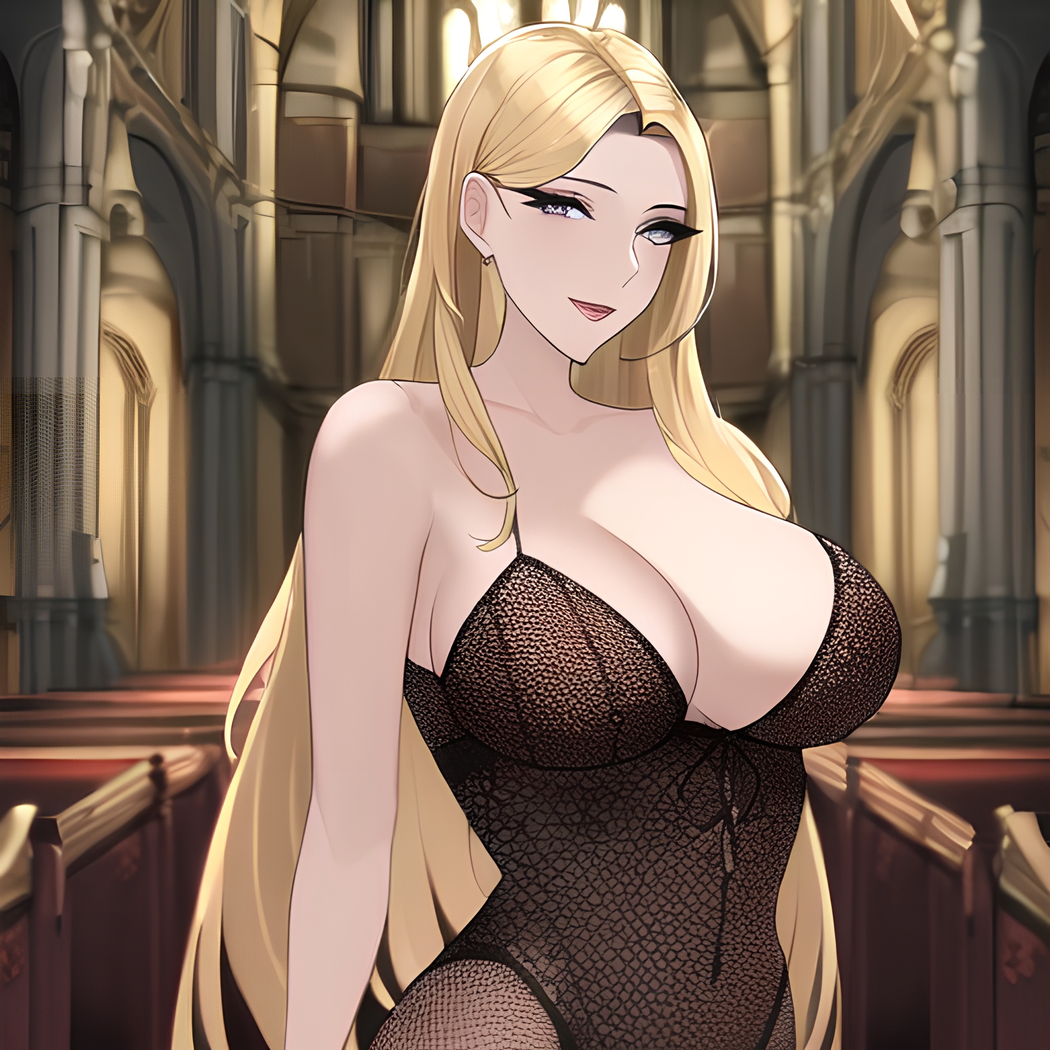 front view church blonde small boobs nude fishnet long hair woman 