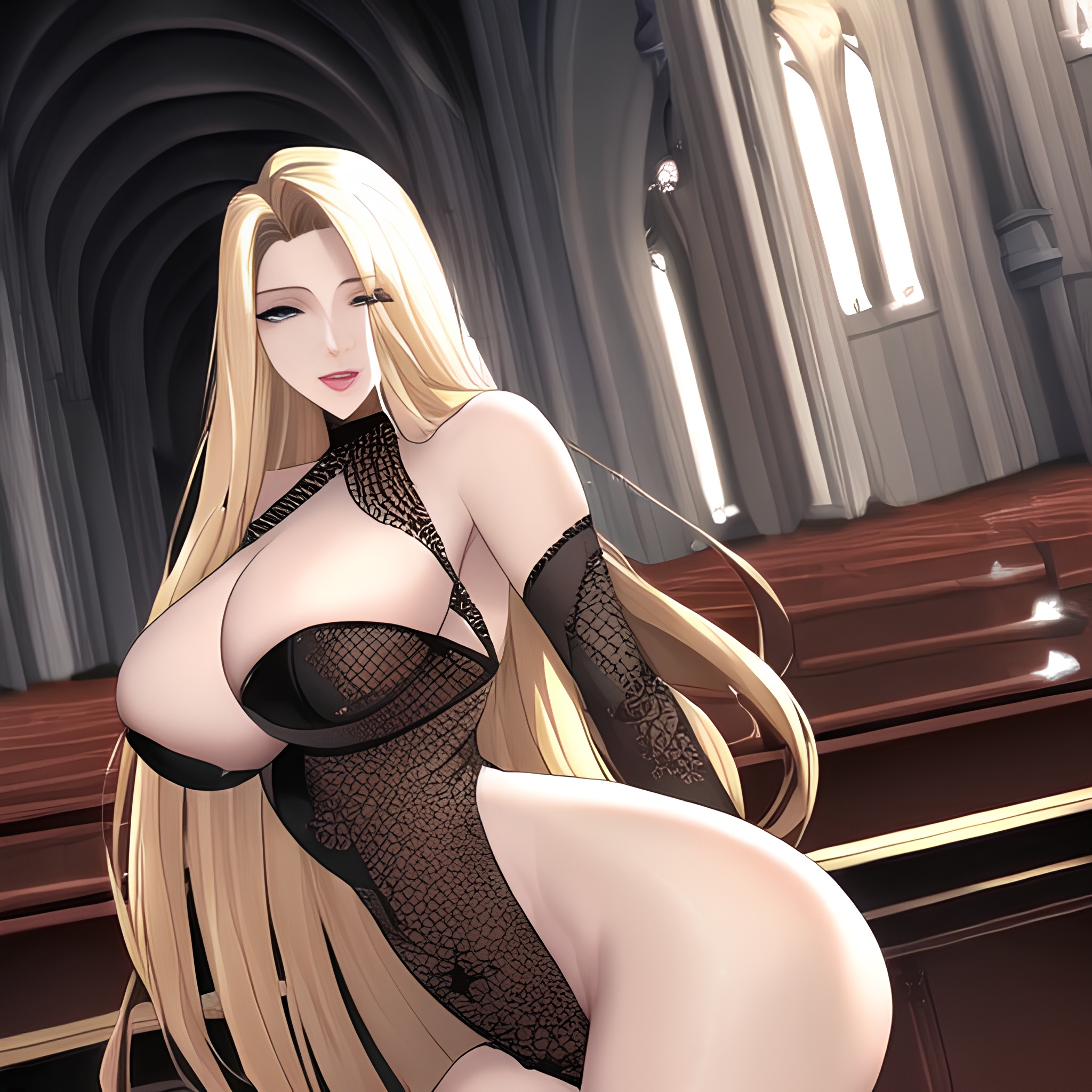 front view church fishnet blonde small boobs woman nude long hair 