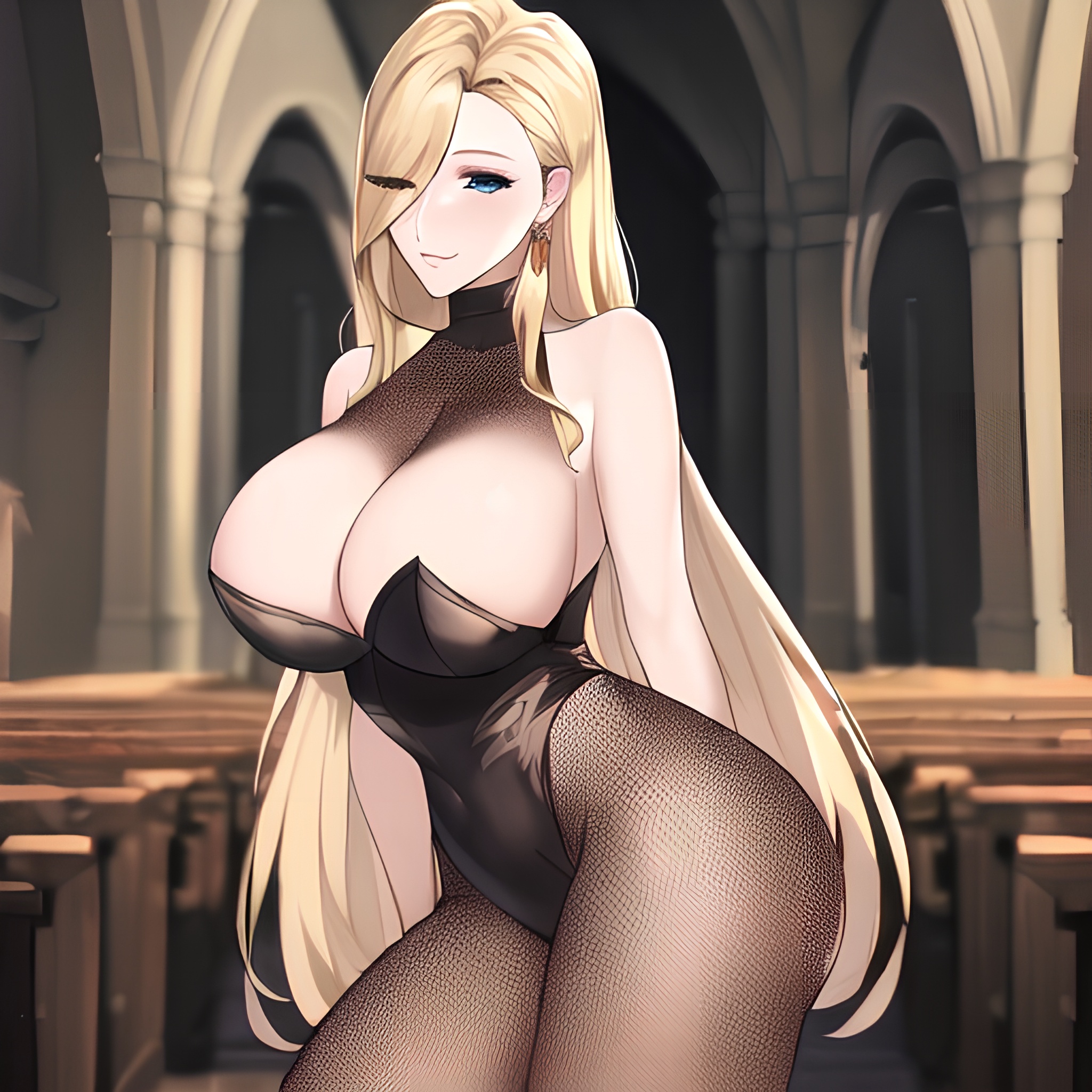 front view church fishnet blonde woman long hair small boobs nude 