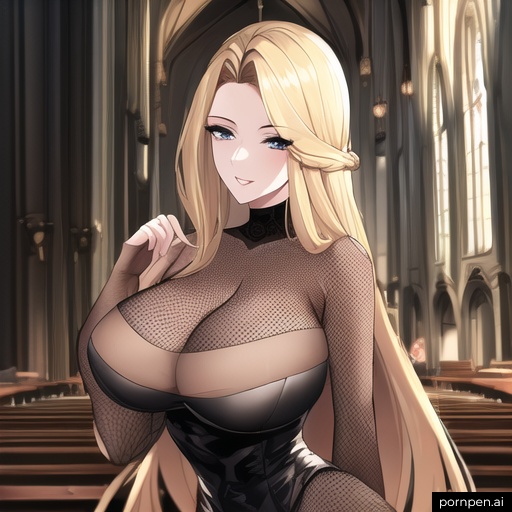 front view church long hair blonde small boobs woman fishnet nude 