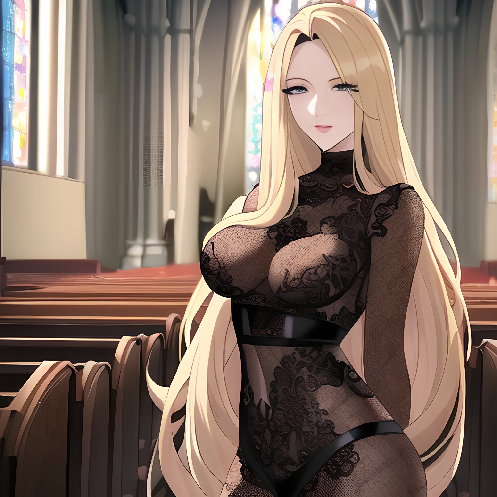 front view church long hair nude blonde woman fishnet small boobs 