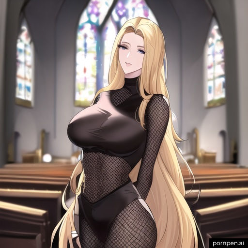 front view church nude blonde fishnet small boobs woman long hair 