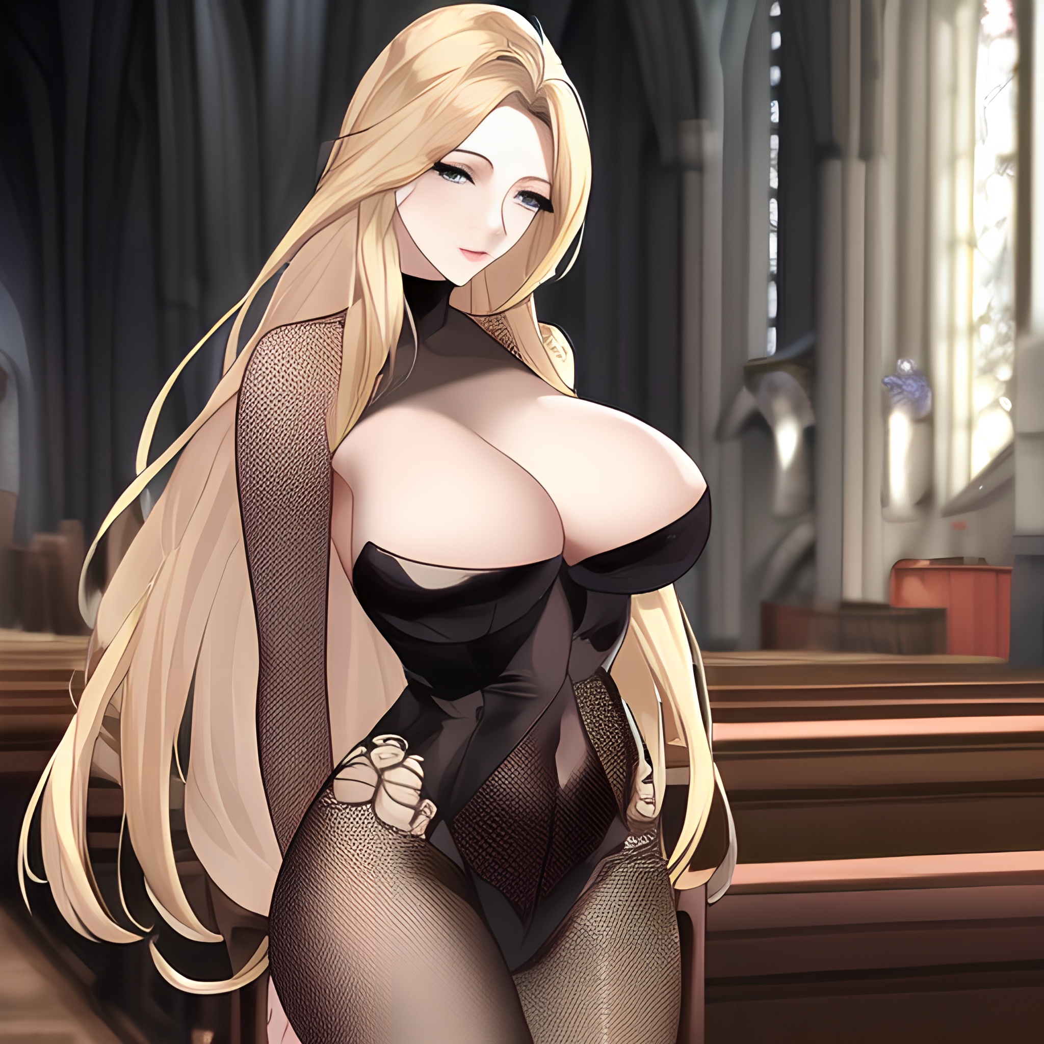 front view church nude blonde small boobs long hair fishnet woman 
