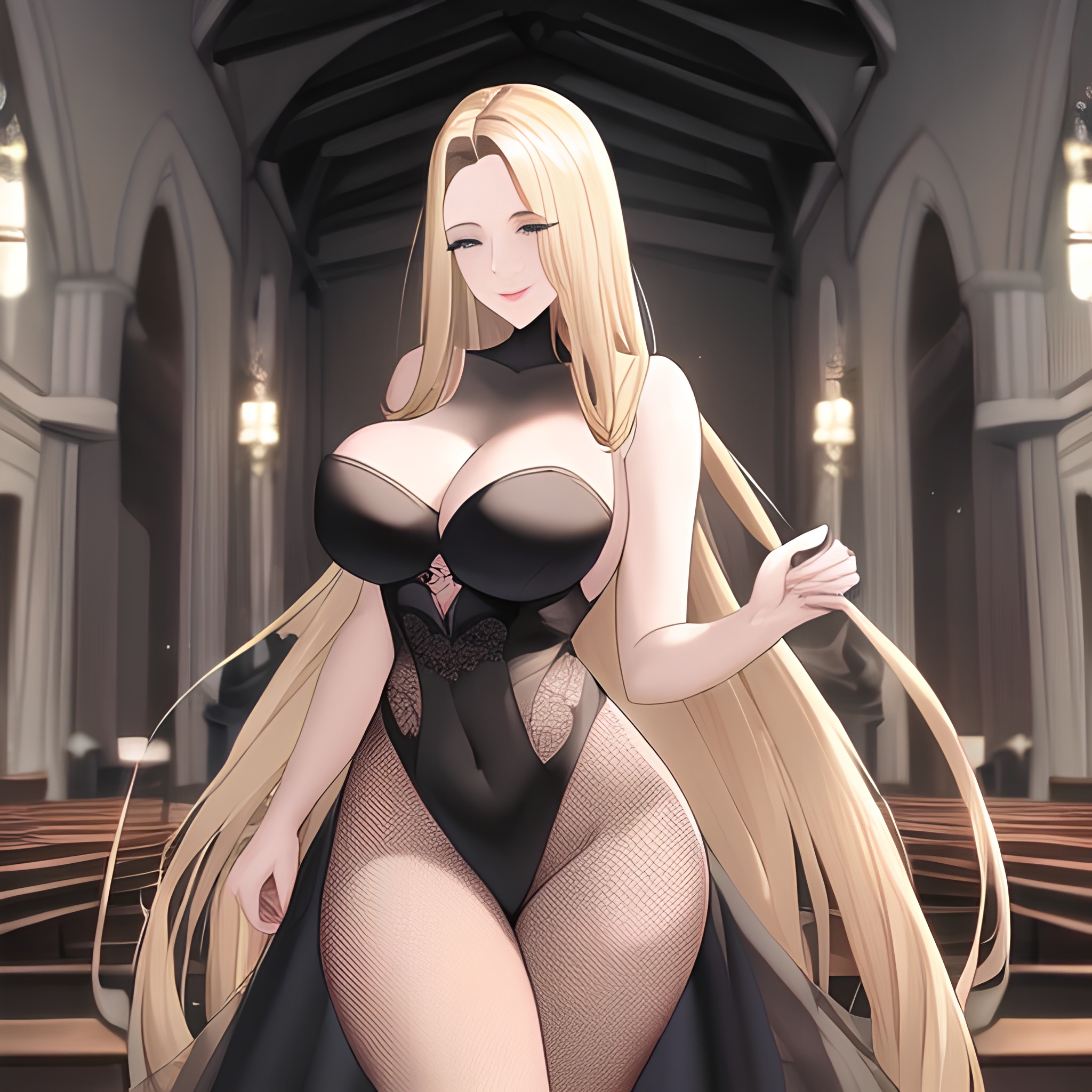 front view church nude blonde woman fishnet small boobs long hair 