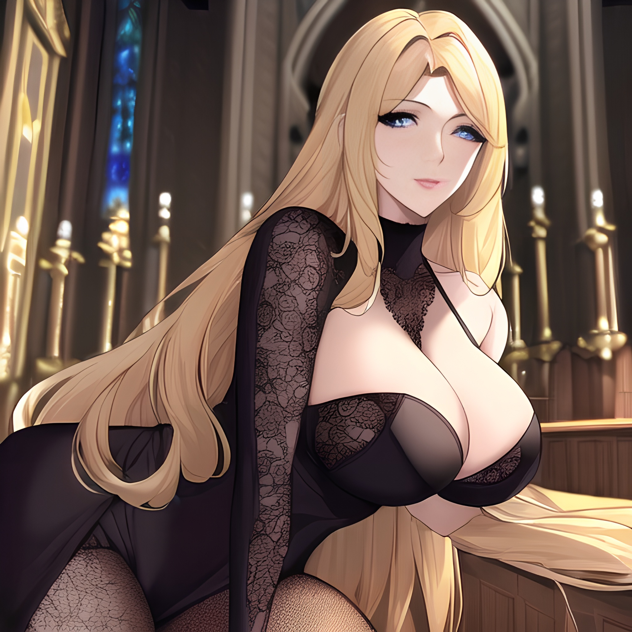 front view church nude small boobs blonde fishnet woman long hair 