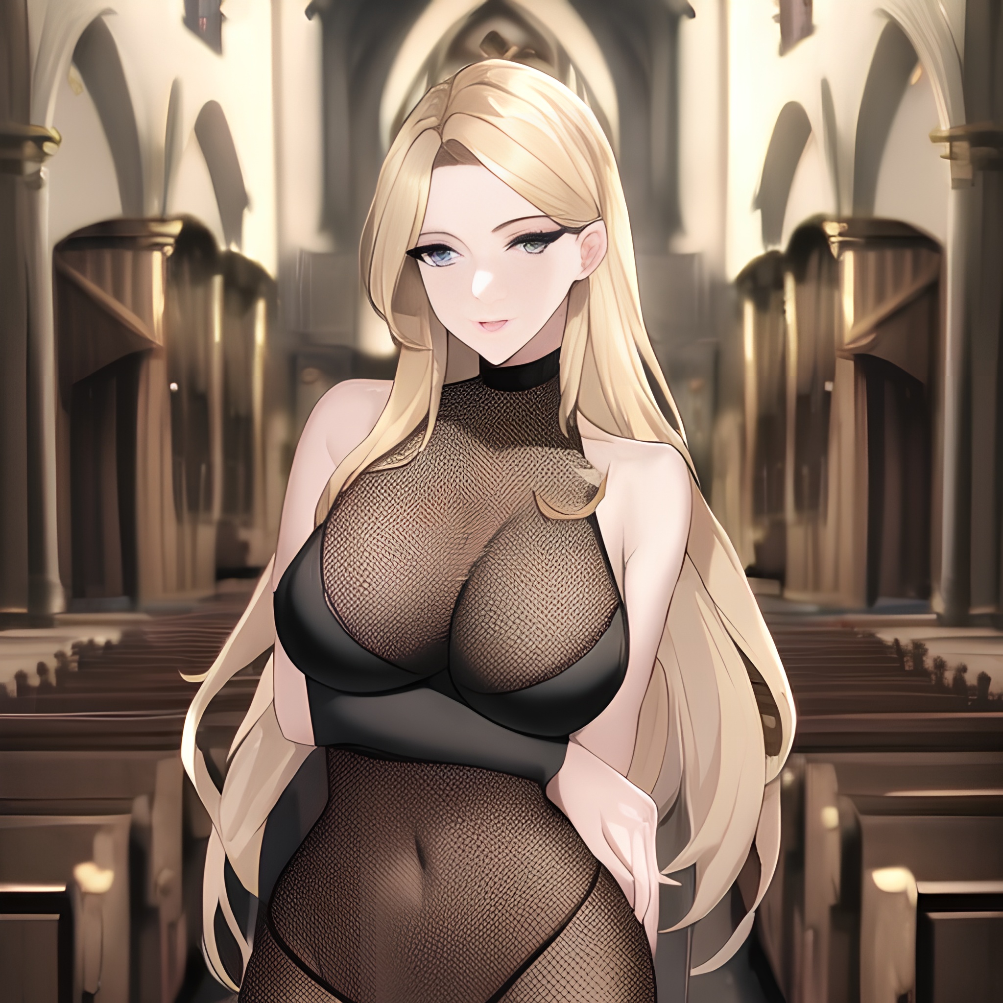 front view church small boobs long hair blonde nude woman fishnet 