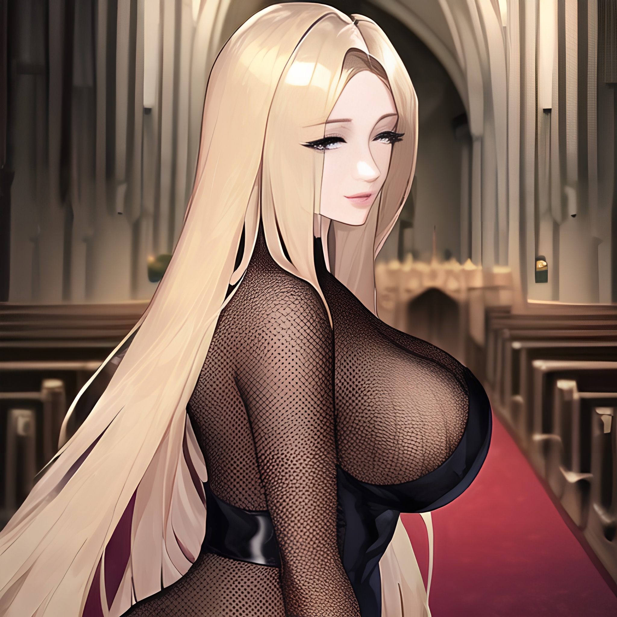 front view church small boobs woman blonde long hair fishnet nude 