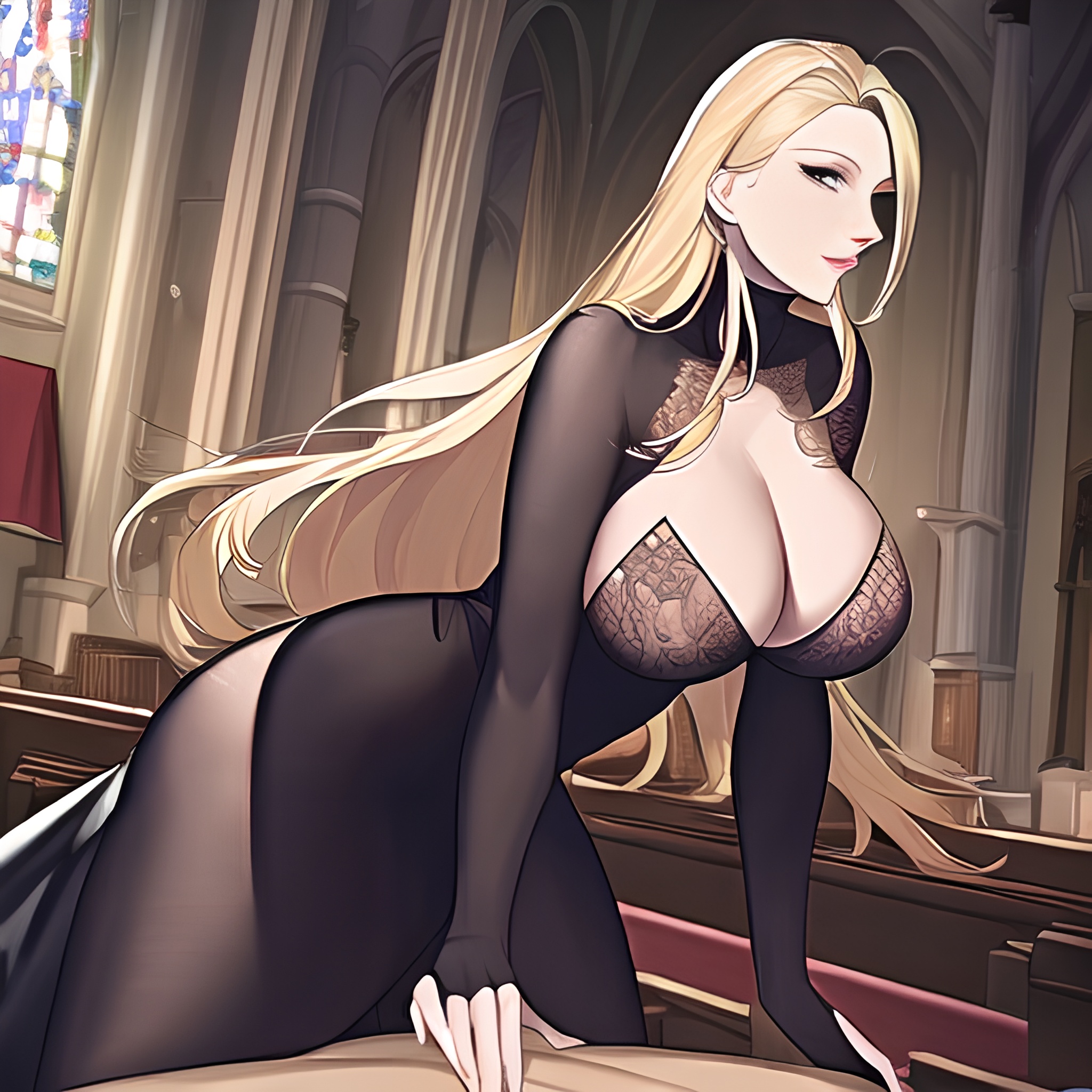 front view fishnet blonde nude long hair woman small boobs church 