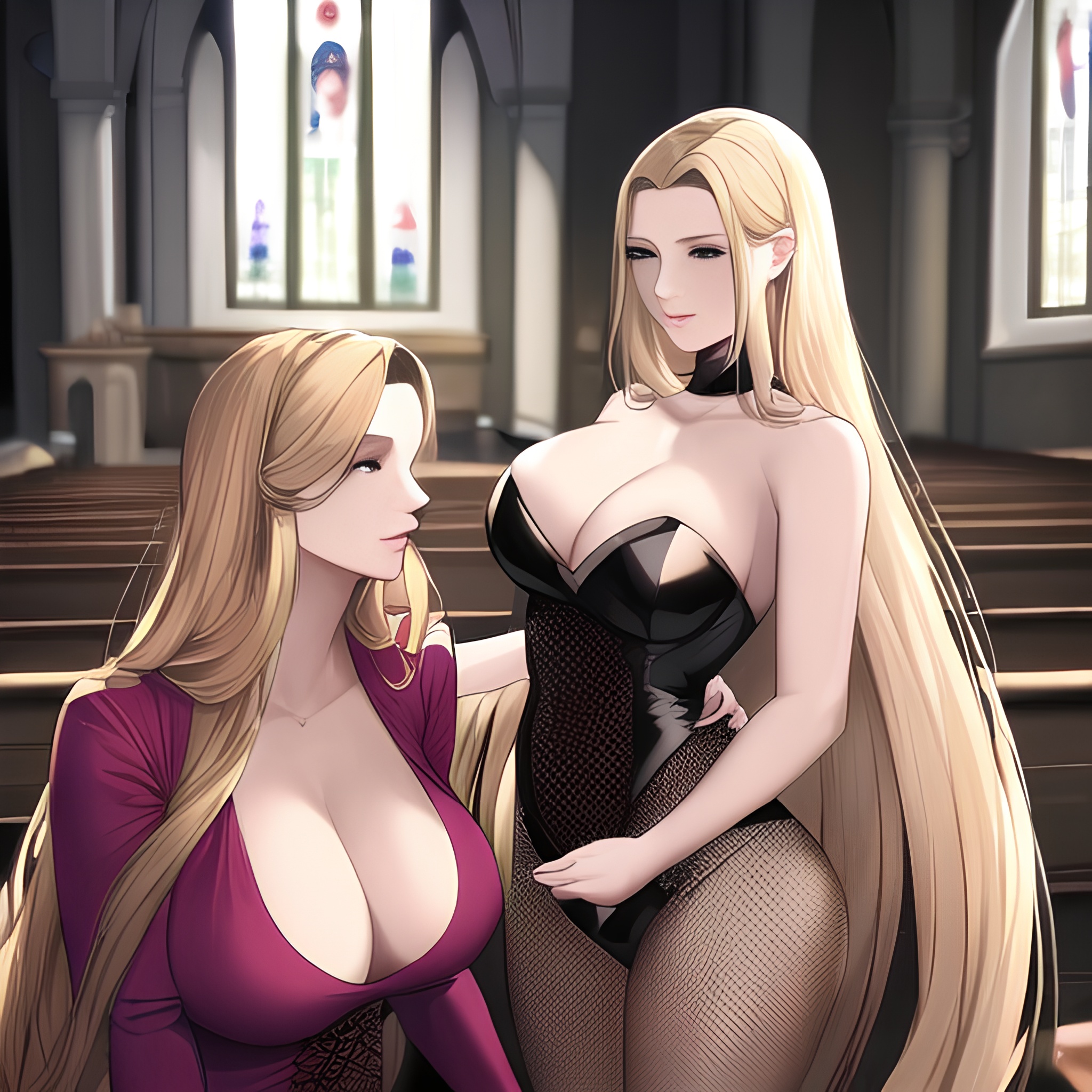 front view fishnet church nude long hair blonde small boobs woman 