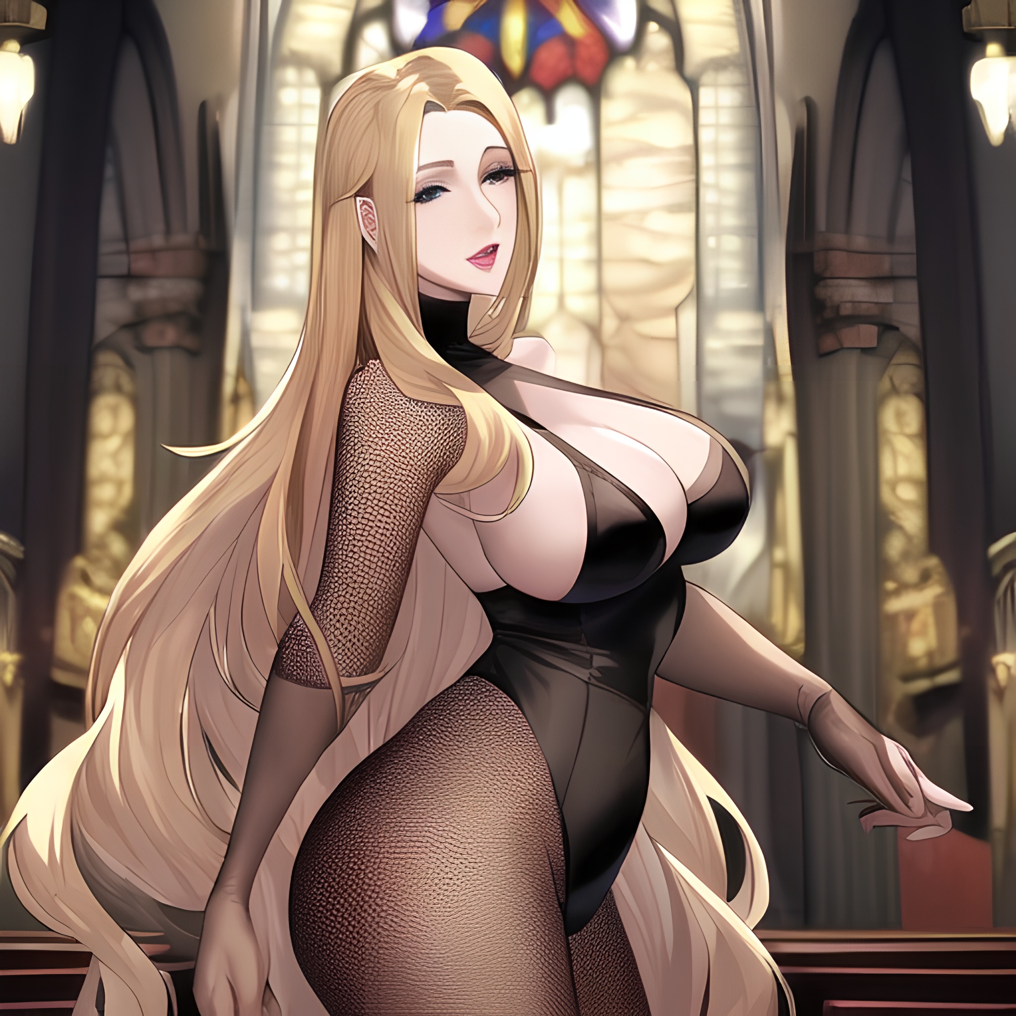 front view fishnet church nude long hair woman blonde small boobs 