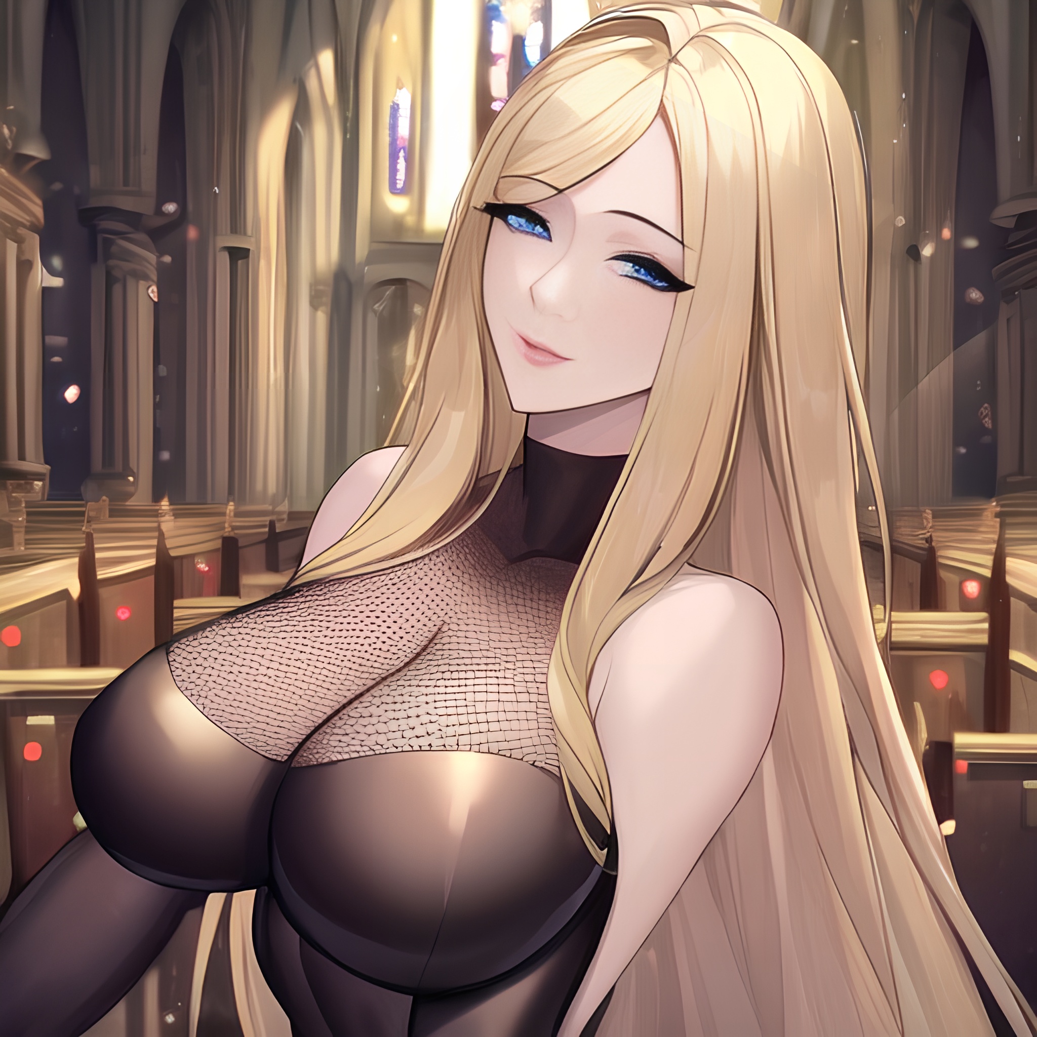 front view fishnet long hair church nude blonde woman small boobs