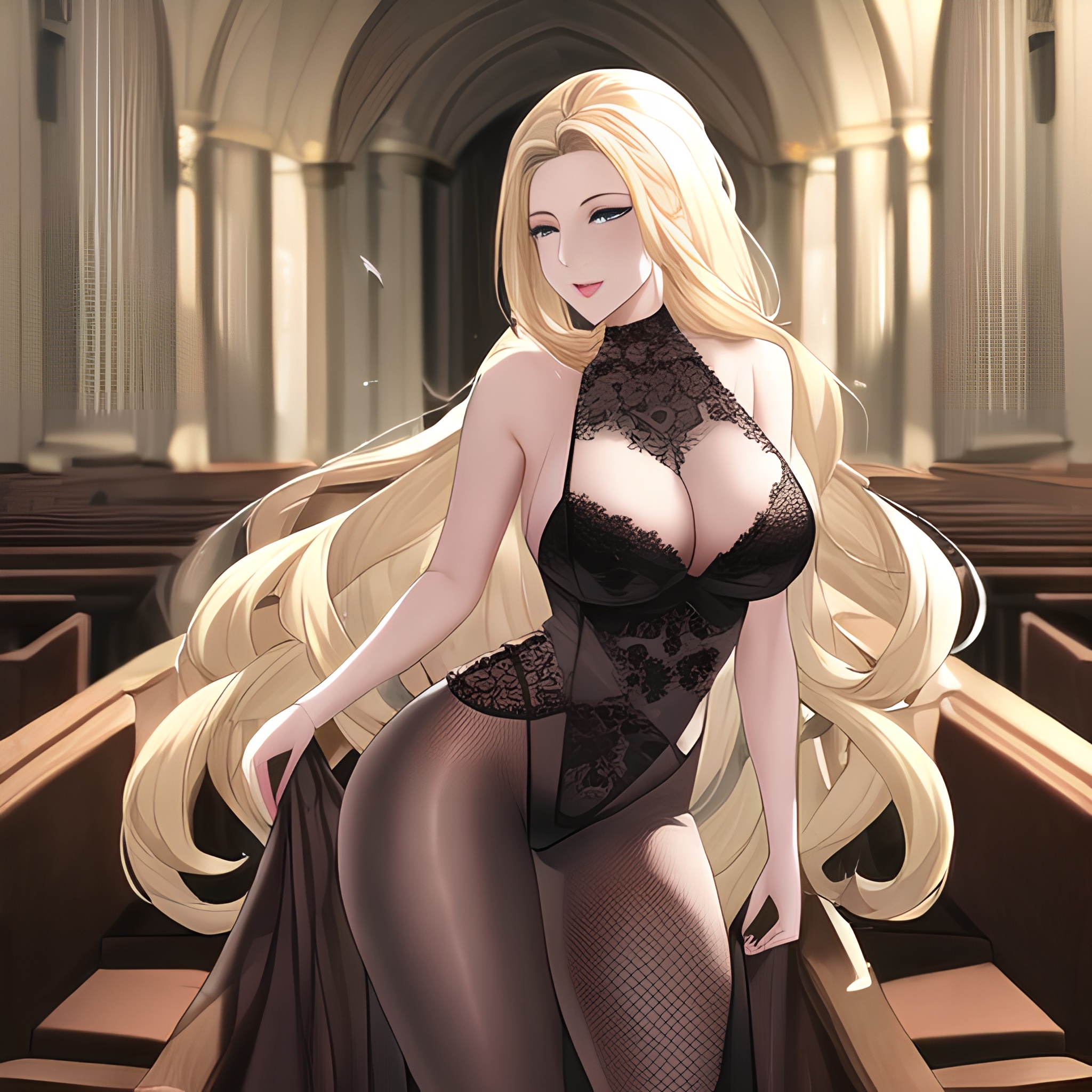 front view fishnet long hair small boobs church nude woman blonde 