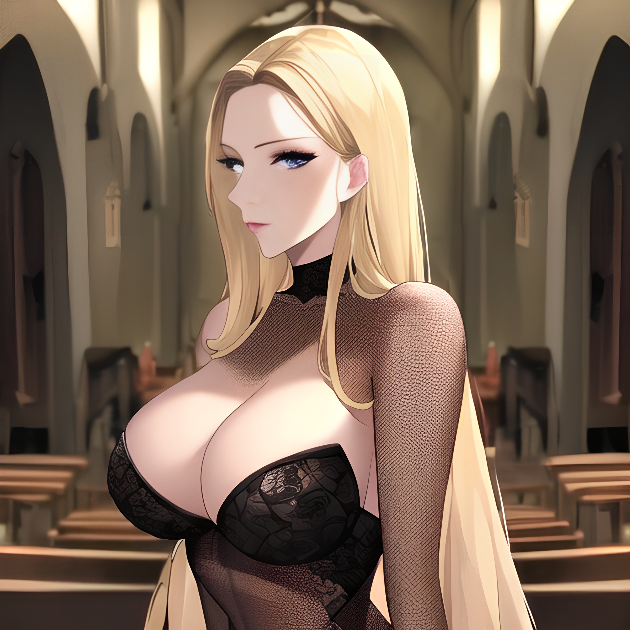 front view fishnet long hair small boobs nude church woman blonde
