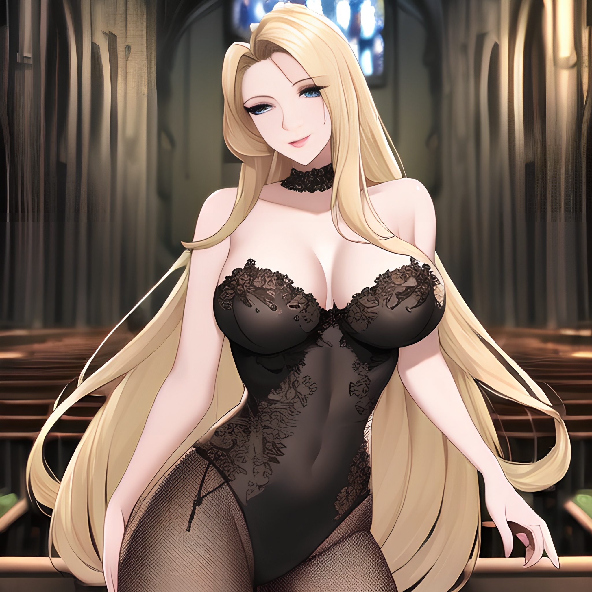 front view fishnet long hair woman small boobs church blonde nude