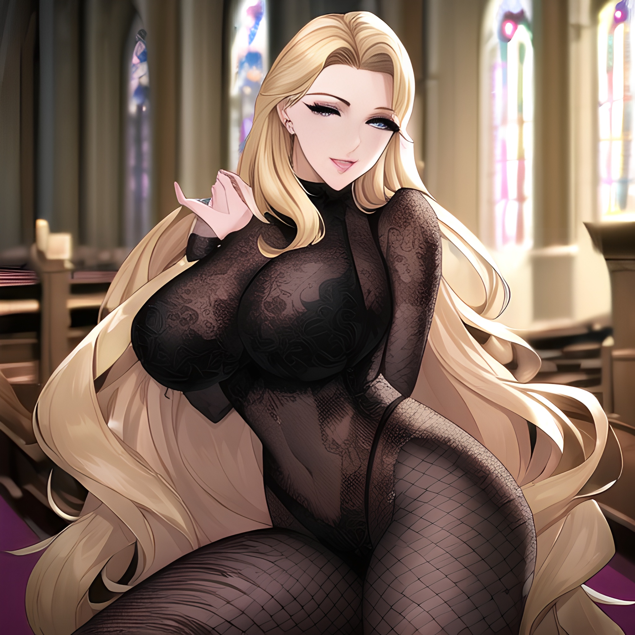 front view fishnet nude blonde long hair church woman small boobs 